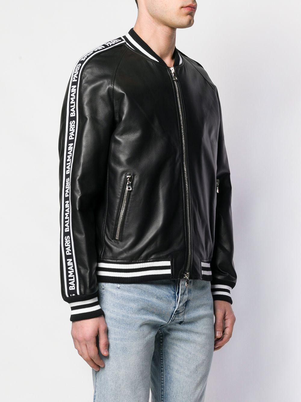 Balmain Leather Bomber Jacket With Logo in Black for Men | Lyst
