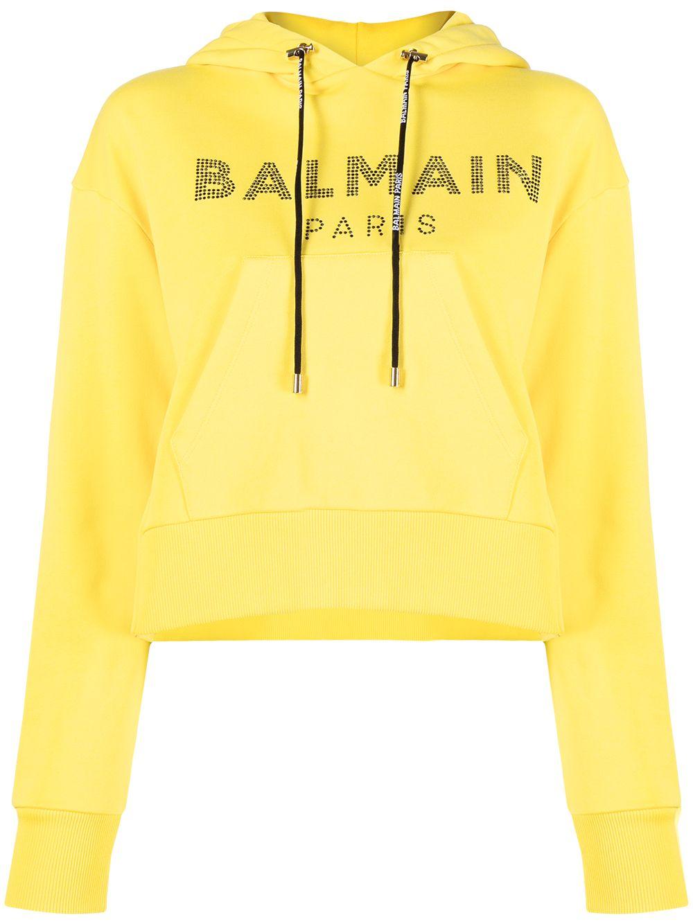 Balmain Cotton Rhinestone Logo Hoodie in Yellow | Lyst