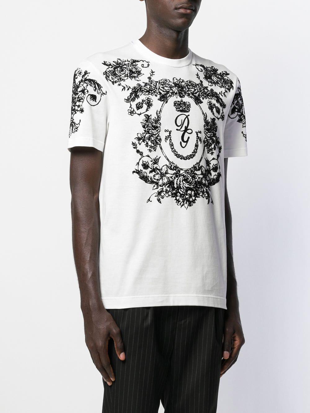 Dolce & Gabbana Cotton Flocked Dg Floral Print T-shirt in White 