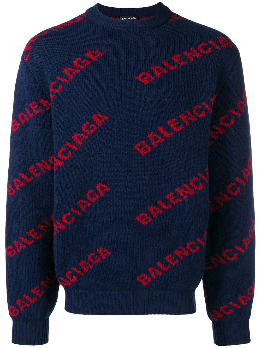 Balenciaga Navy Blue Logo Knitted Wool Jumper for Men - Lyst