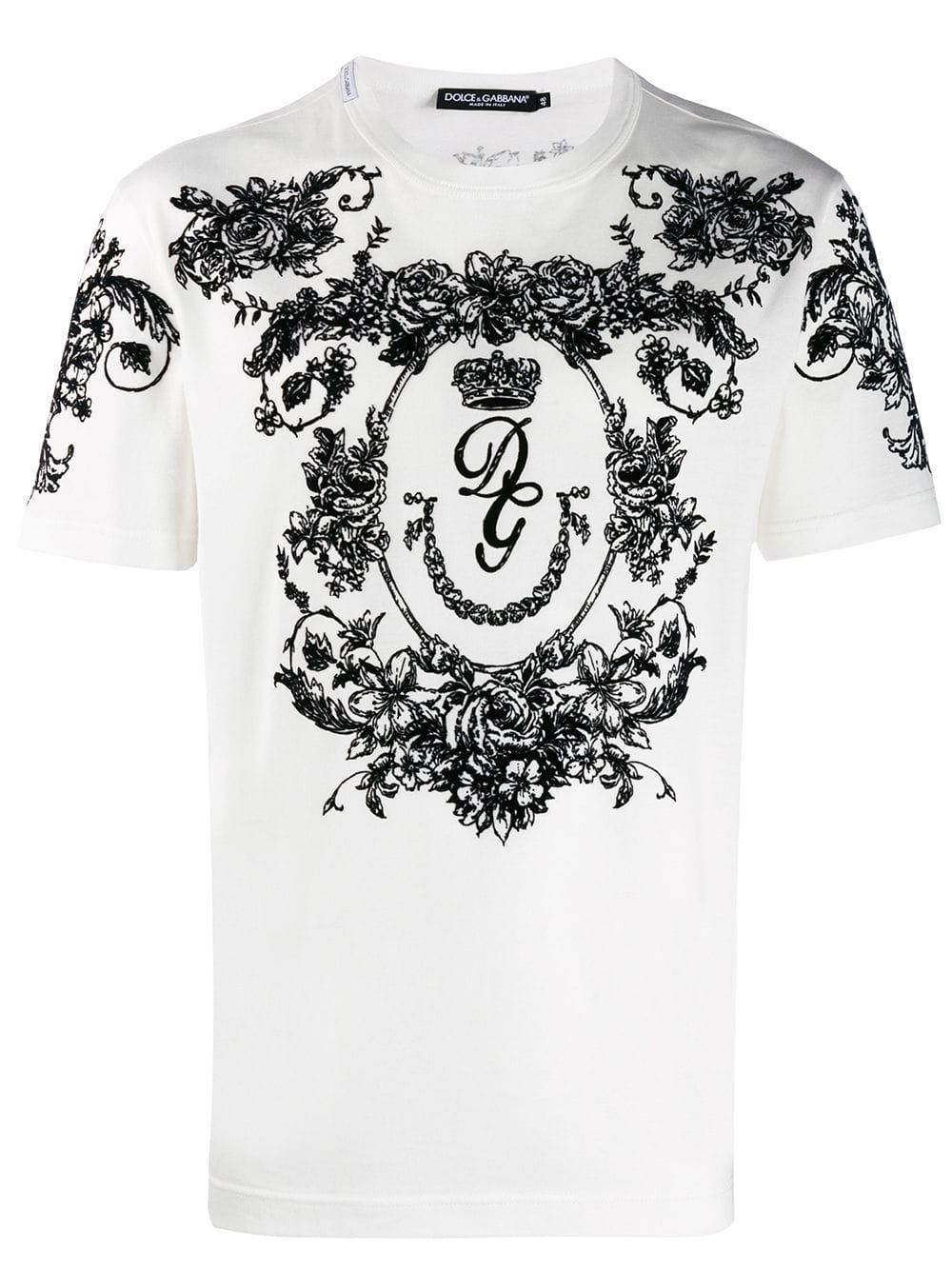Dolce & Gabbana Cotton Flocked Dg Floral Print T-shirt in White 