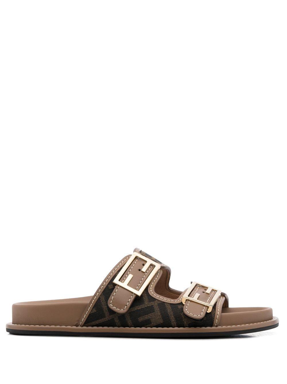 Fendi Logo Canvas Flat Sandals in Brown Lyst