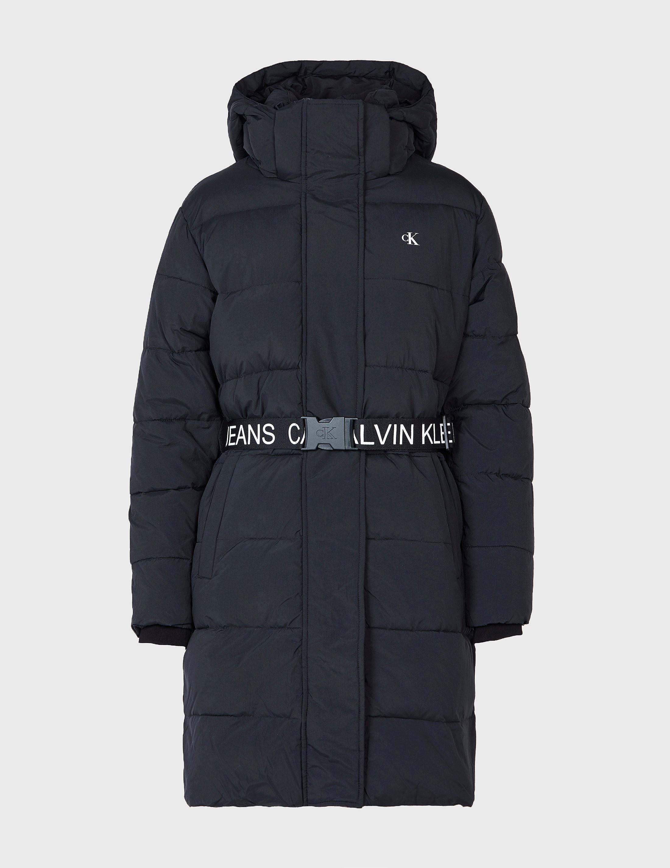 Calvin Klein Logo Belt Long Puffer Jacket in Black | Lyst