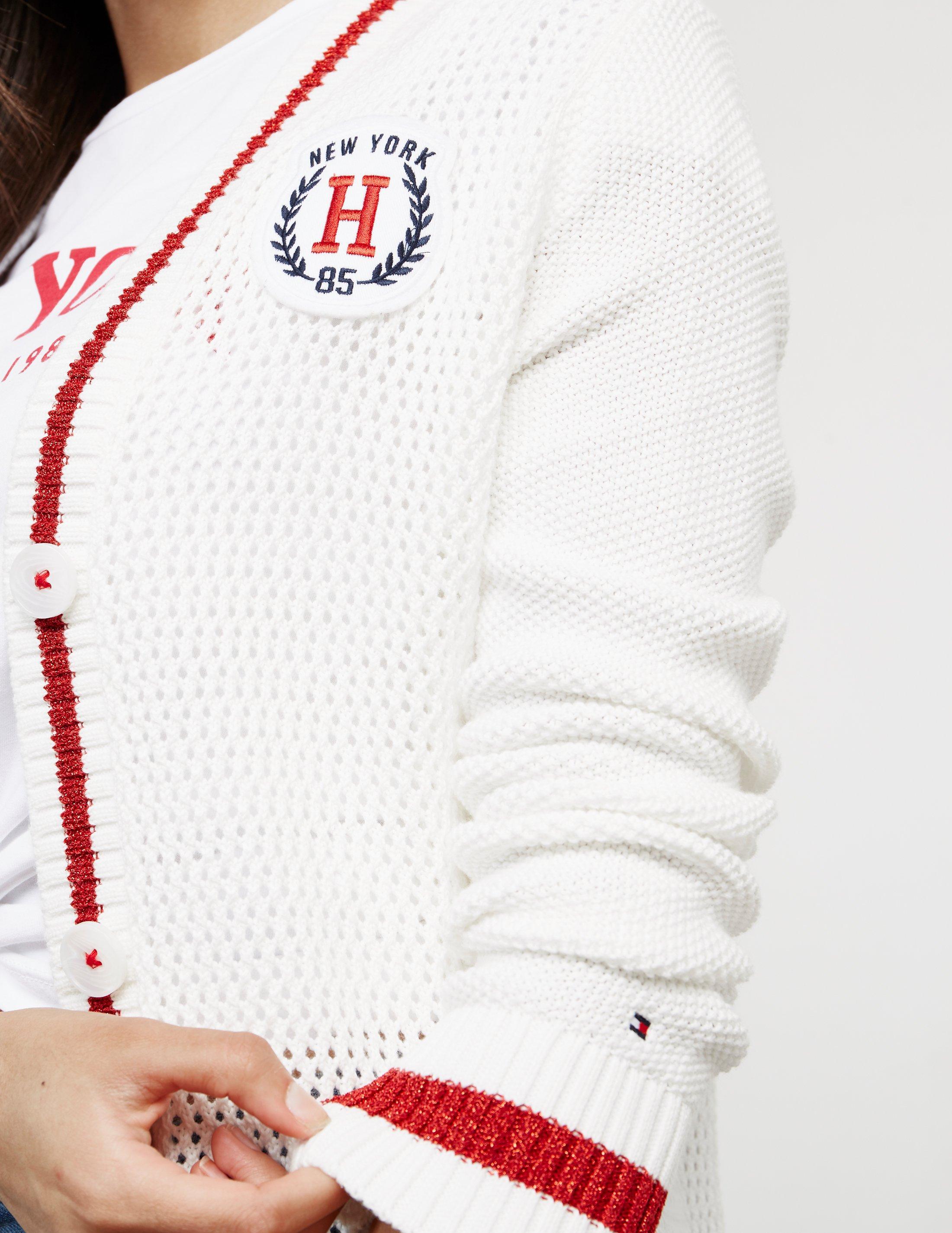 white varsity cardigan