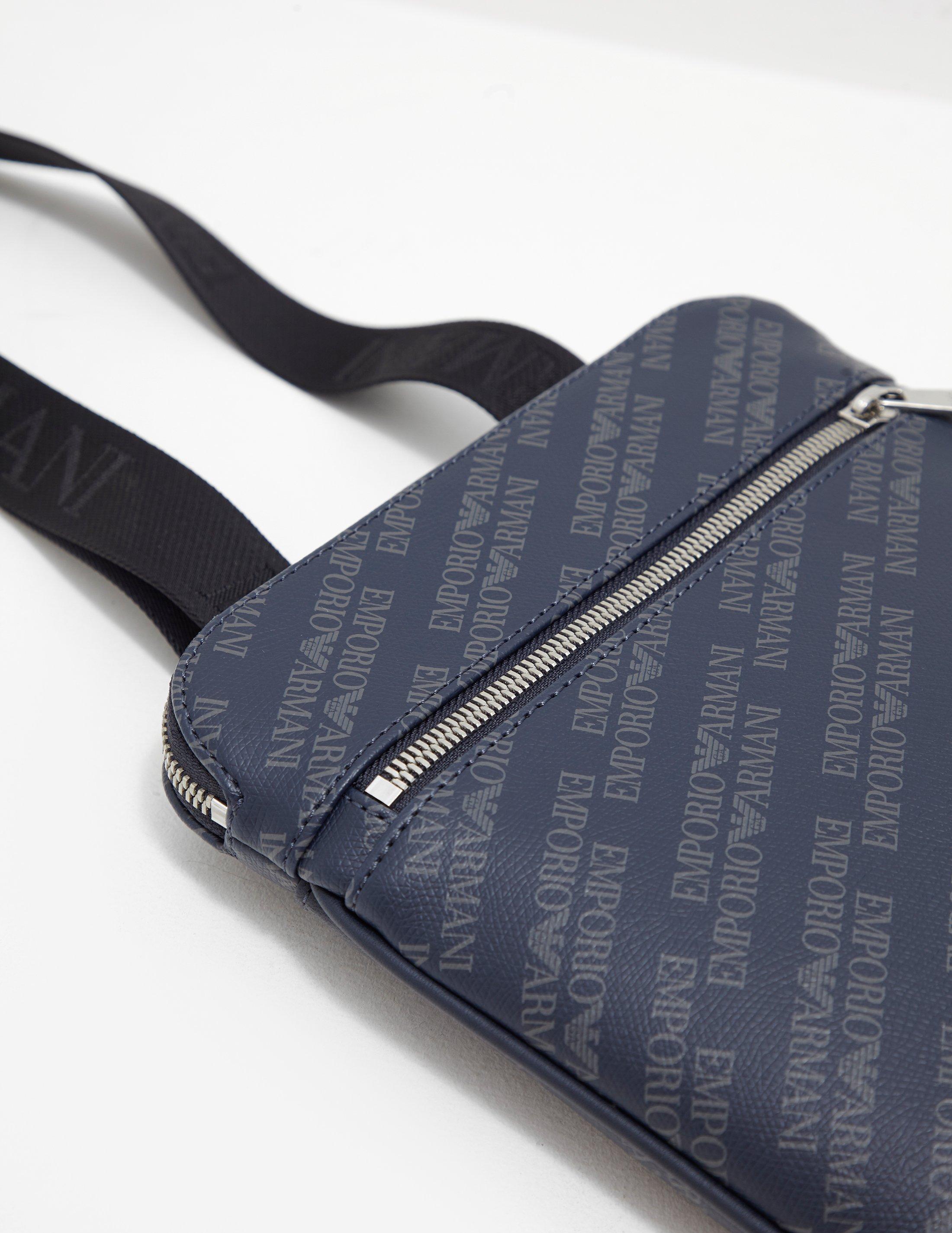 Emporio Armani Leather All Over Logo Navy Blue Crossbody Stash Bag for