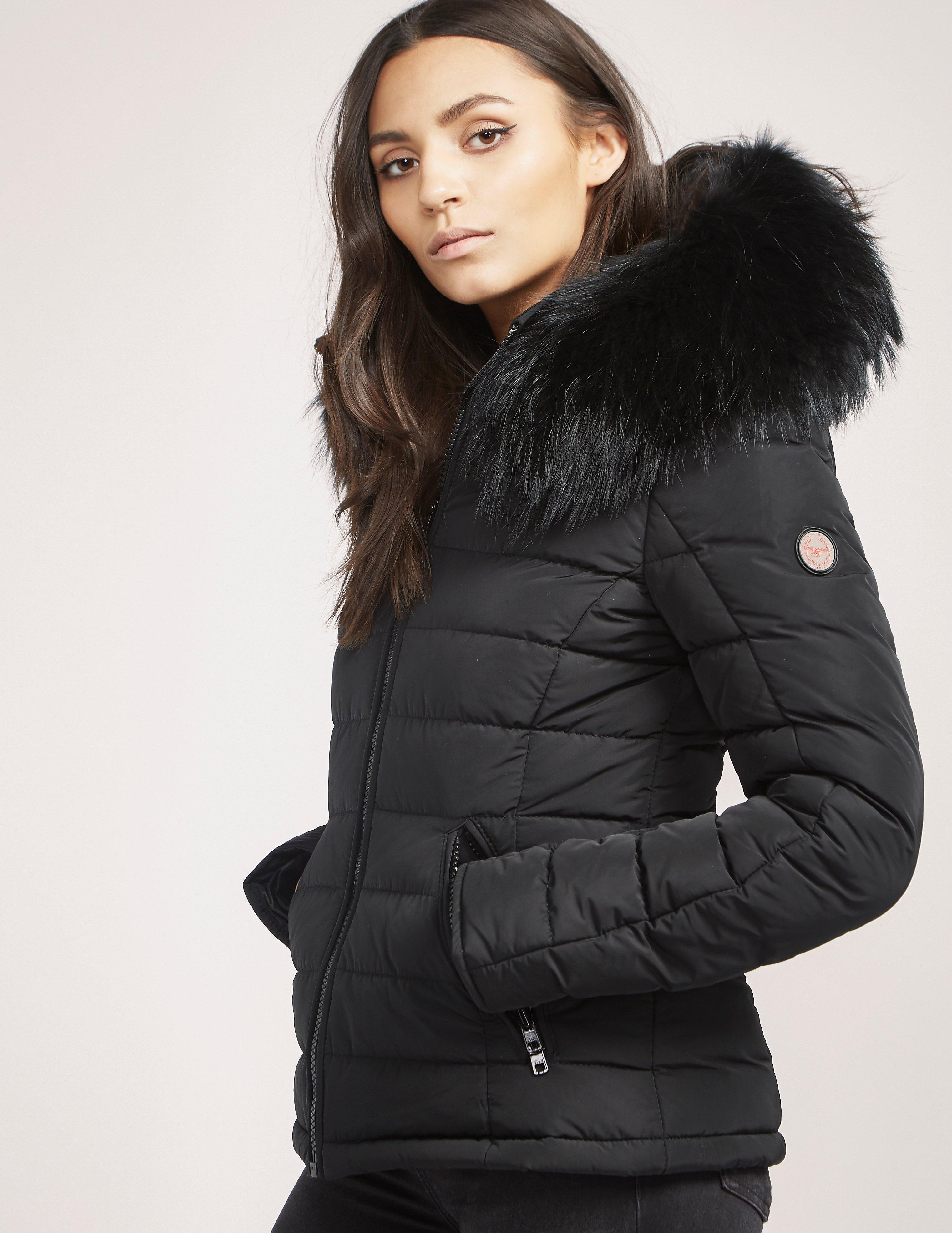black coat with big fur hood womens