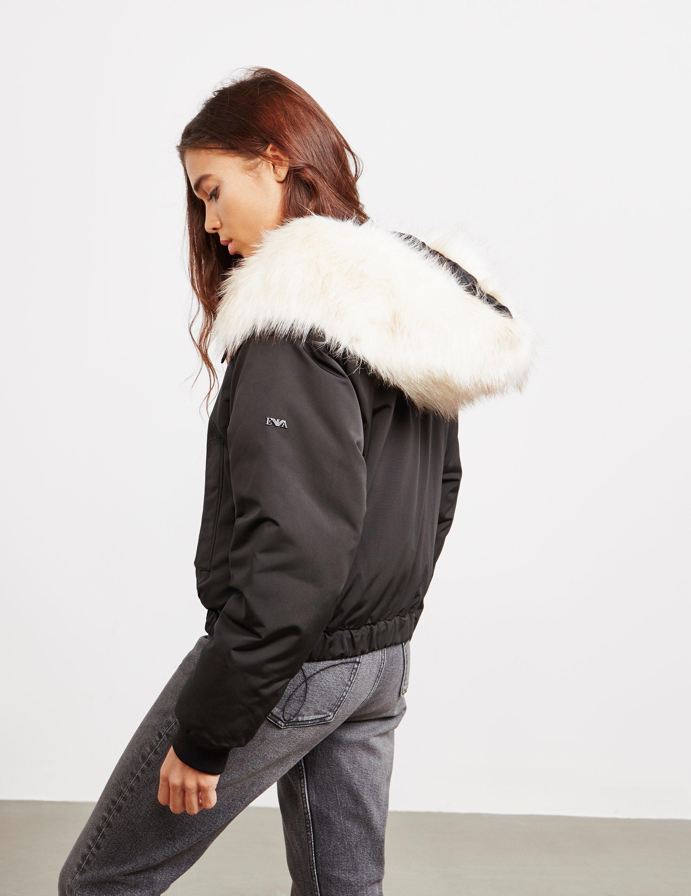 emporio armani cropped padded jacket with faux fur hood