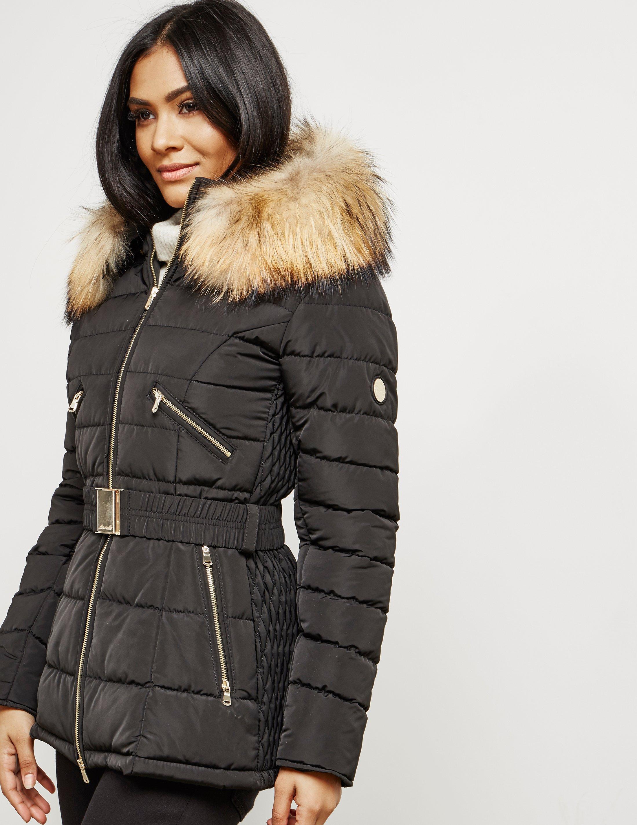 womens padded jacket with fur hood and belt