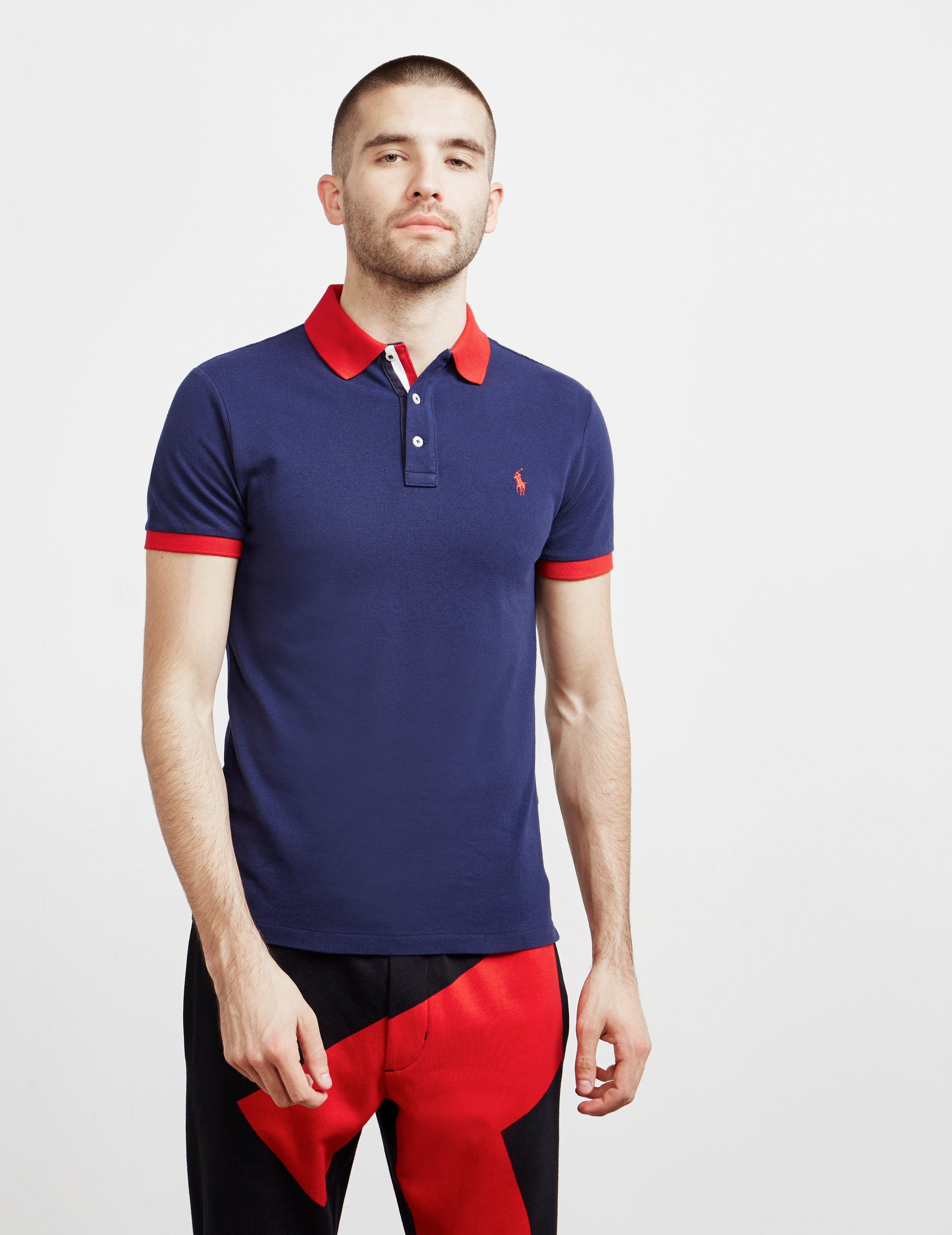 navy blue and red polo shirt
