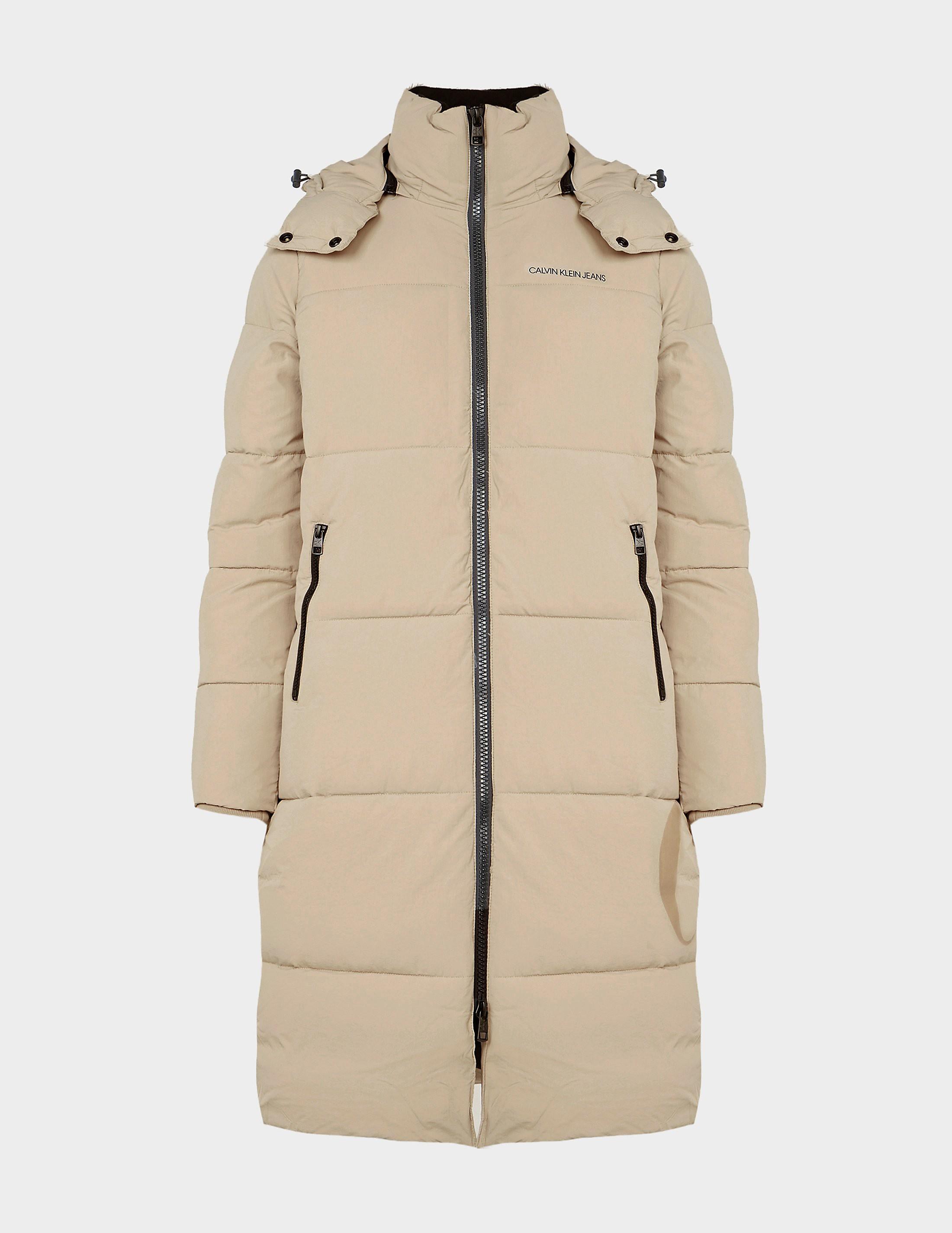 Calvin Klein Side Logo Long Puffer Coat Nude in Natural | Lyst