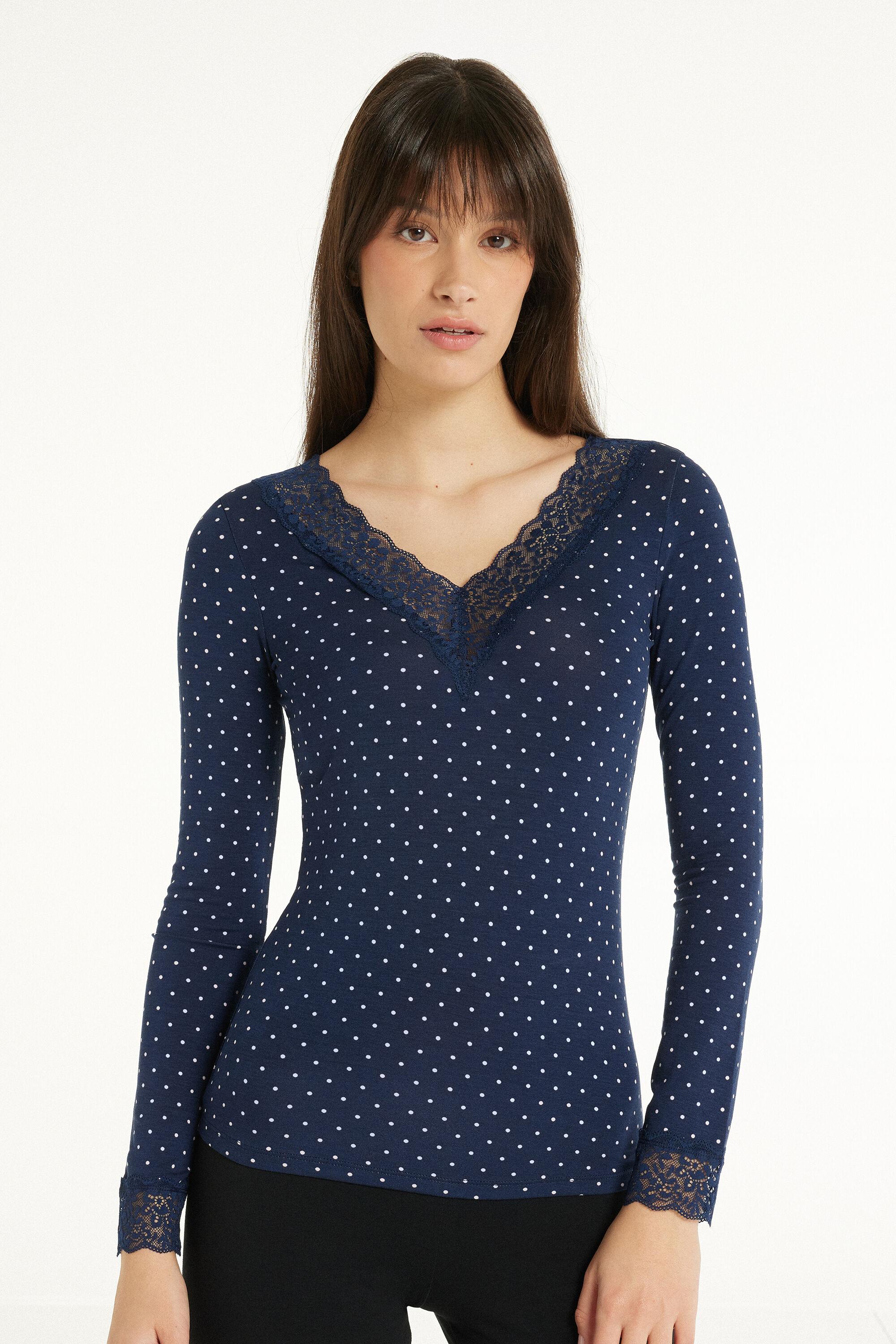 Maglia Manica Lunga Scollo a V con Pizzo di Tezenis in Blu Lyst