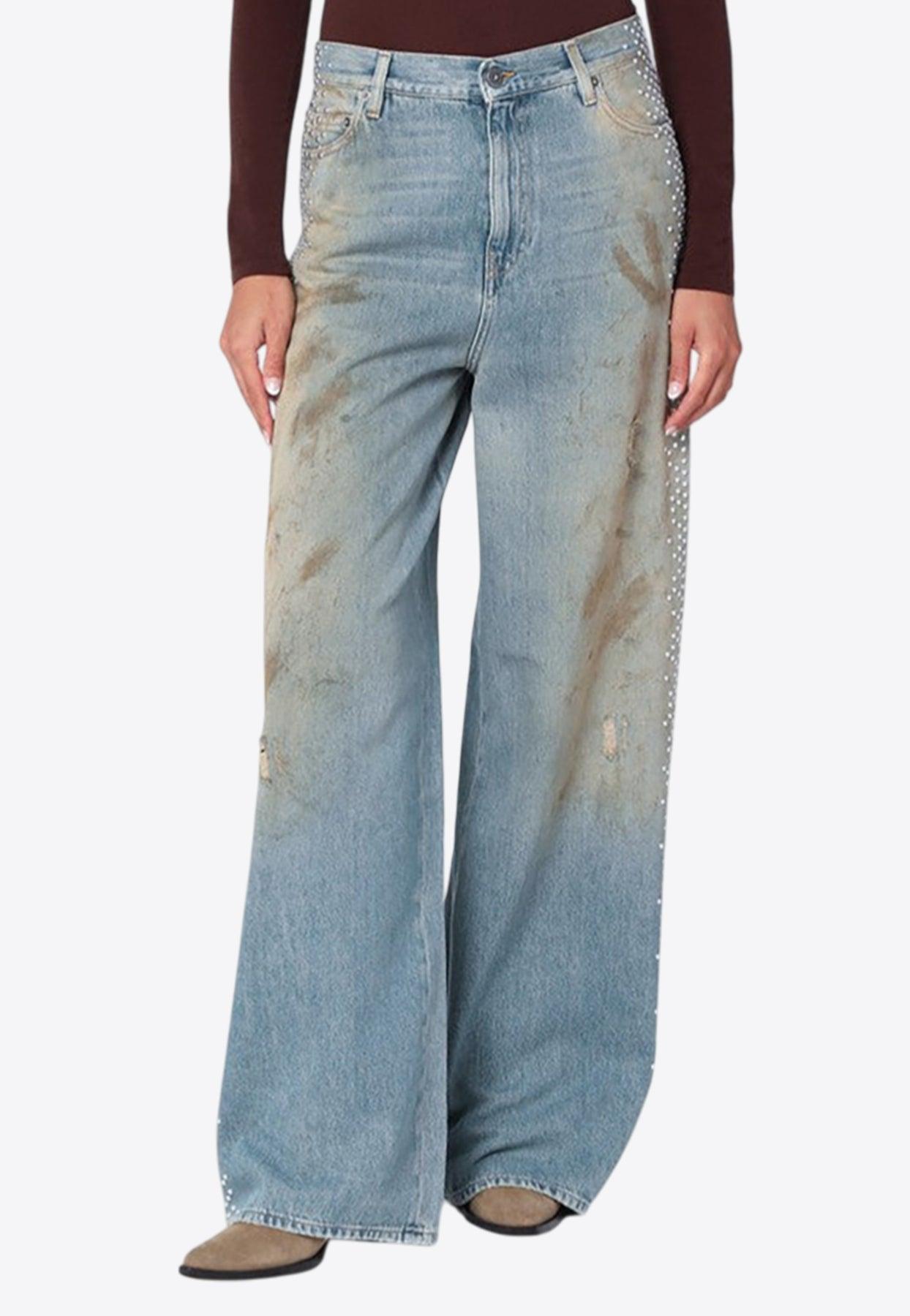 デニム・ジーパン Golden  Relaxed Wide-Leg Jeans With Ripped Detailing Women's Classic Ripped Jeans, High Waist Casual Wide Leg
