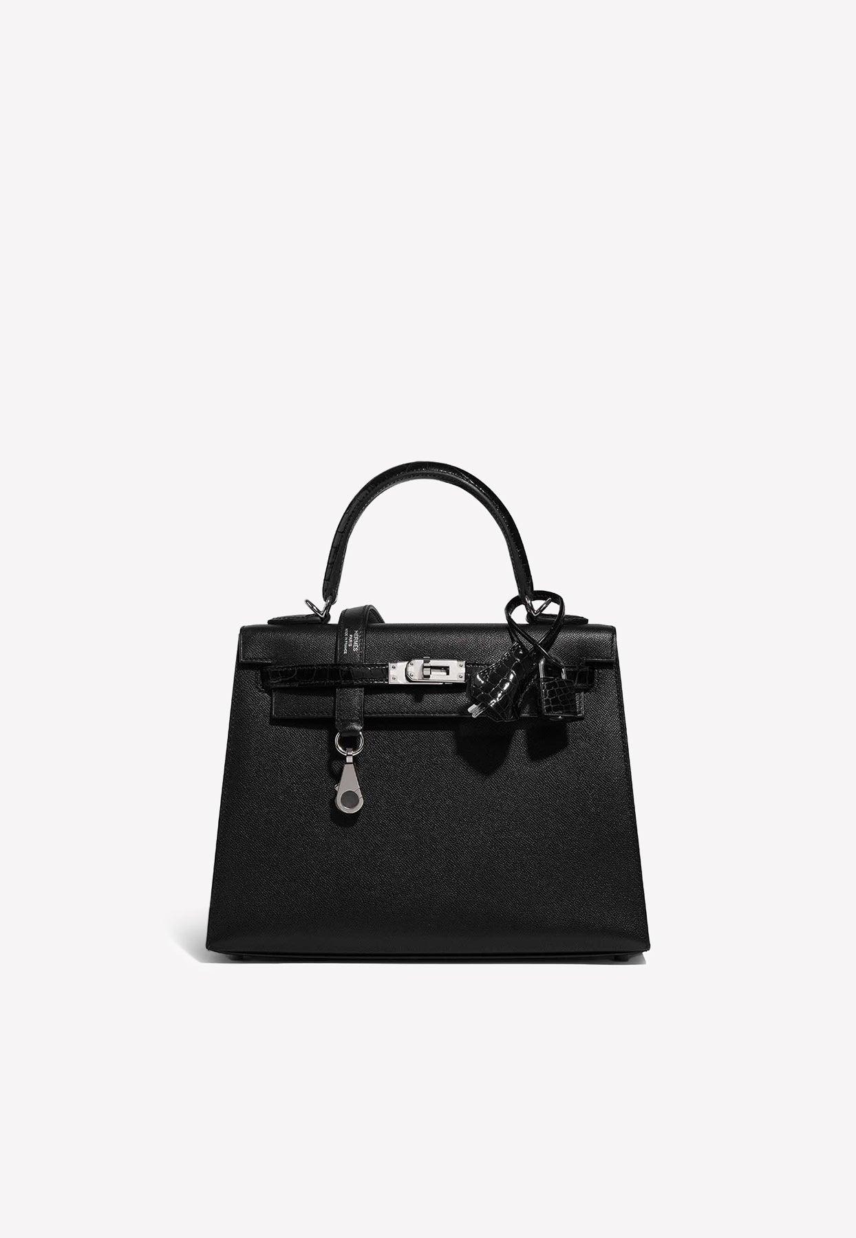 Hermès Kelly 25 Touch Sellier In Black Veau Madame And Croco Strap