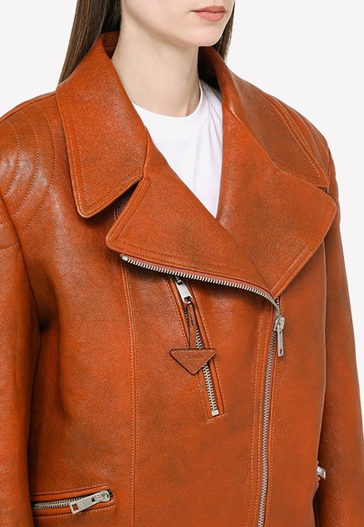 Prada Vintage-effect Leather Biker Jacket in Orange | Lyst