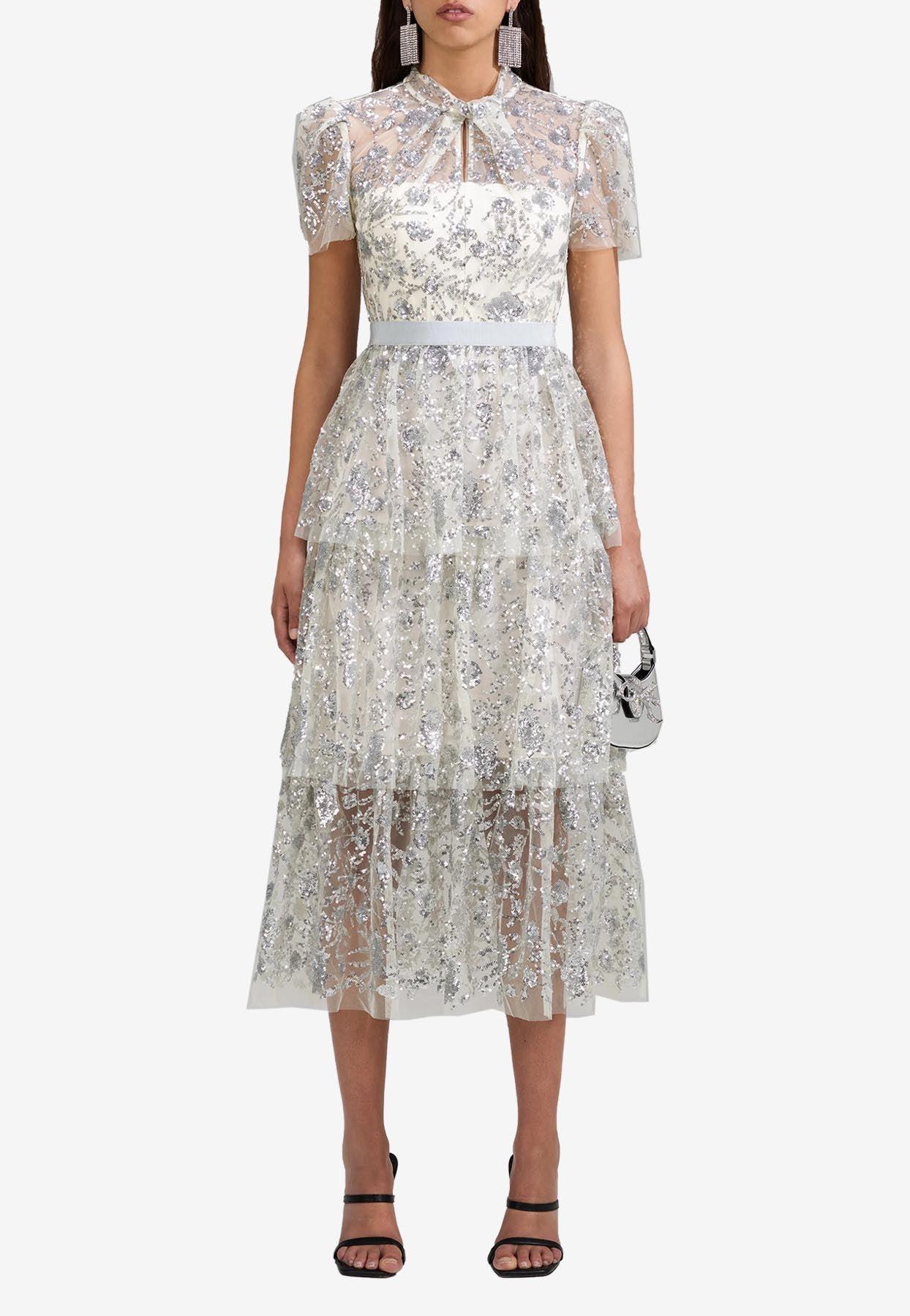 Self-Portrait Sequined Tiered Midi Dress in White | Lyst