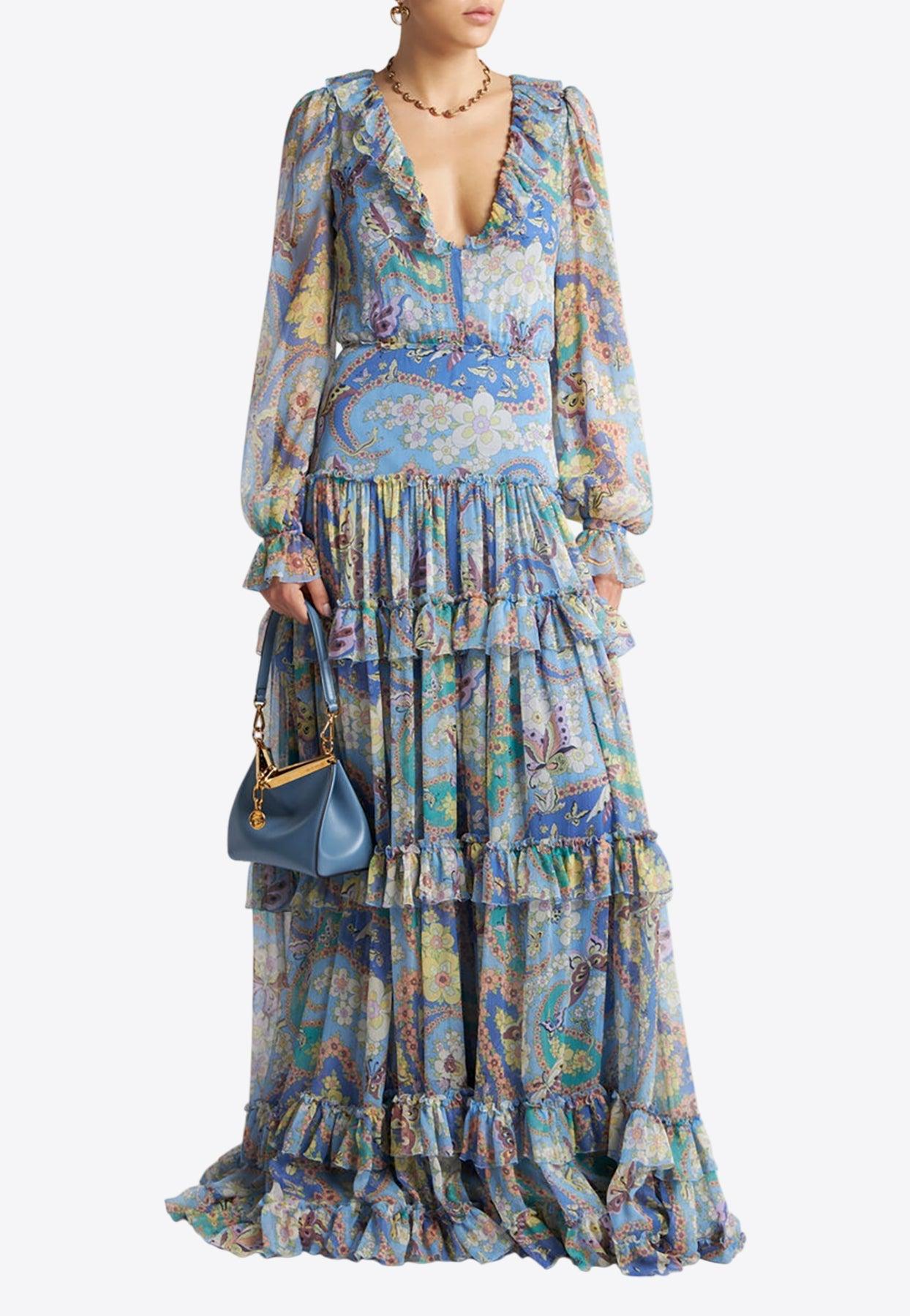ワンピース Etro Floral Foliage Print Chenille Long Dress ETRO Printed Chenille Maxi Dress | Grey | FARFETCH CA