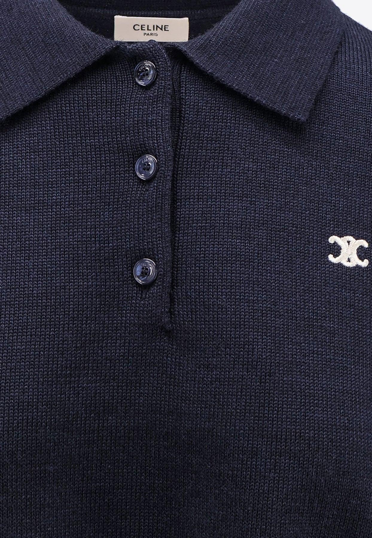 Celine Triomphe Cropped Wool Polo T-Shirt in Blue | Lyst