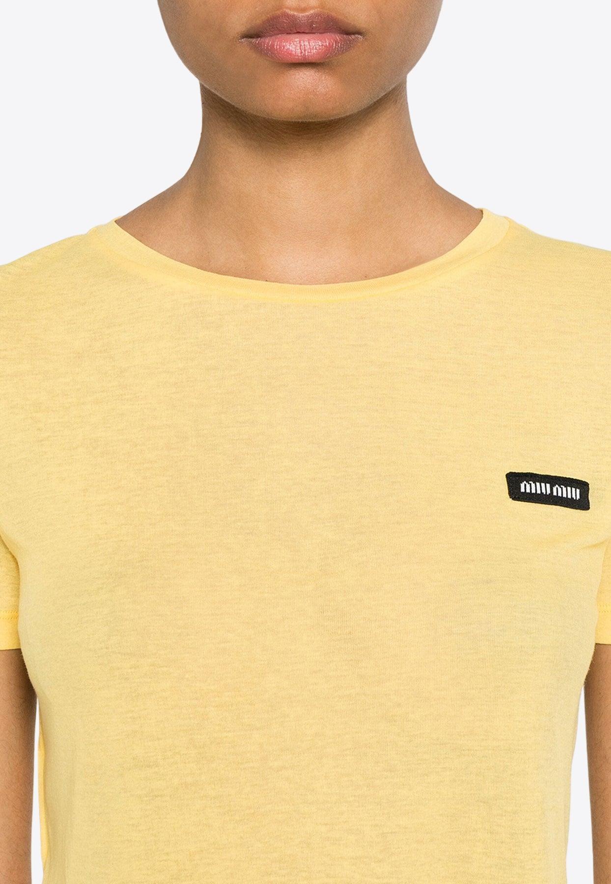 Miu Miu Logo Patch Sheer Cropped T-Shirt in Yellow | Lyst