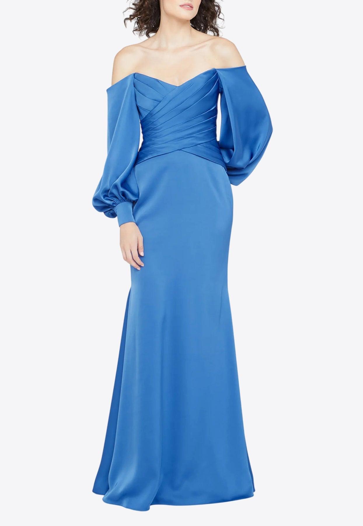 theia off shoulder dress Theia Gown 12 Blue Metallic Off Shoulder Dress Ruched Wedding Guest Mother Bride