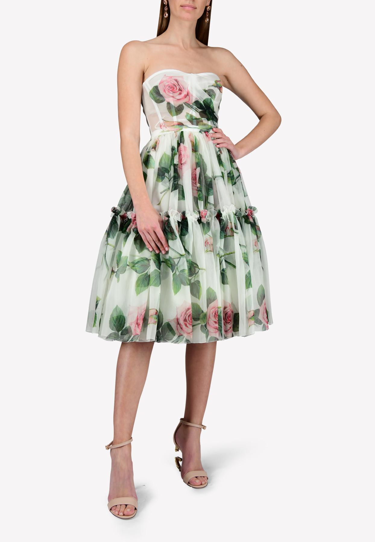 delvist Trænge ind Vise dig Dolce & Gabbana Silk Organza Tropical Rose Print Strapless Midi Dress in  White | Lyst