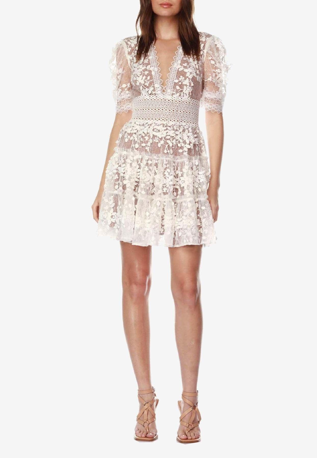 Bronx and Banco Megan Floral Lace V-Neck Mini Dress in White | Lyst Canada