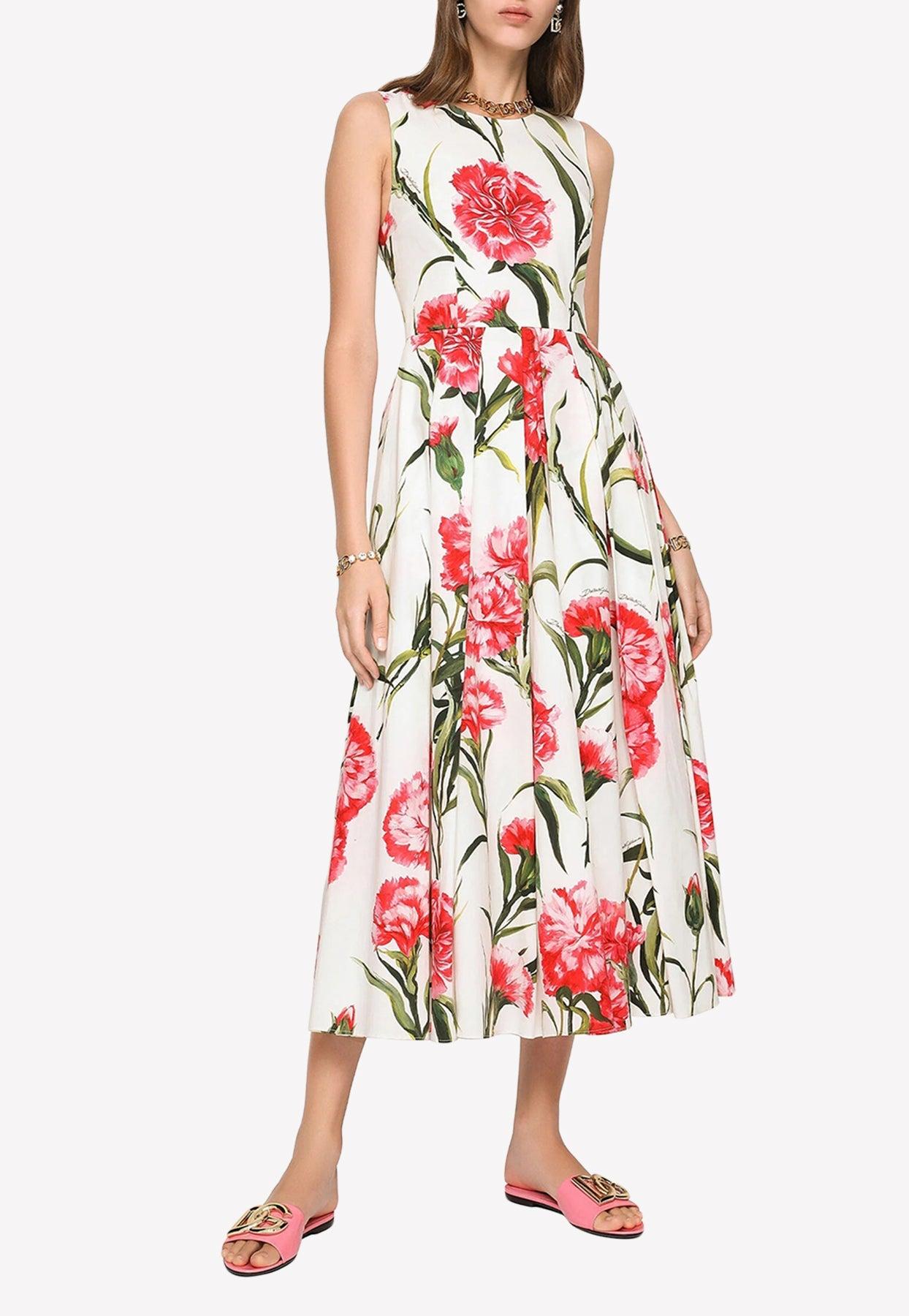 Dolce & Gabbana Carnation Print Sleeveless Midi Dress in Red | Lyst