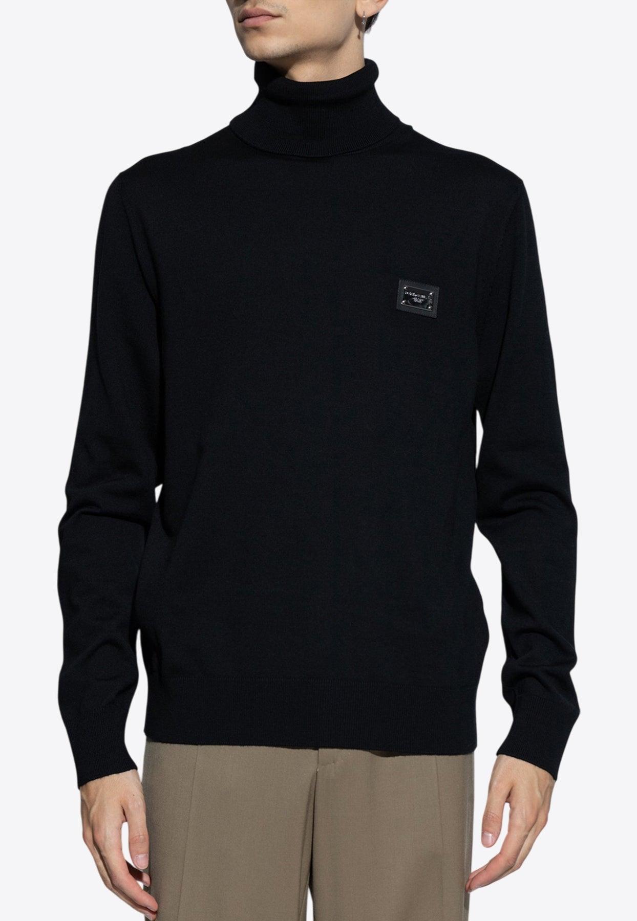 Dolce & Gabbana Logo Plaque Turtleneck Wool Sweater in Black