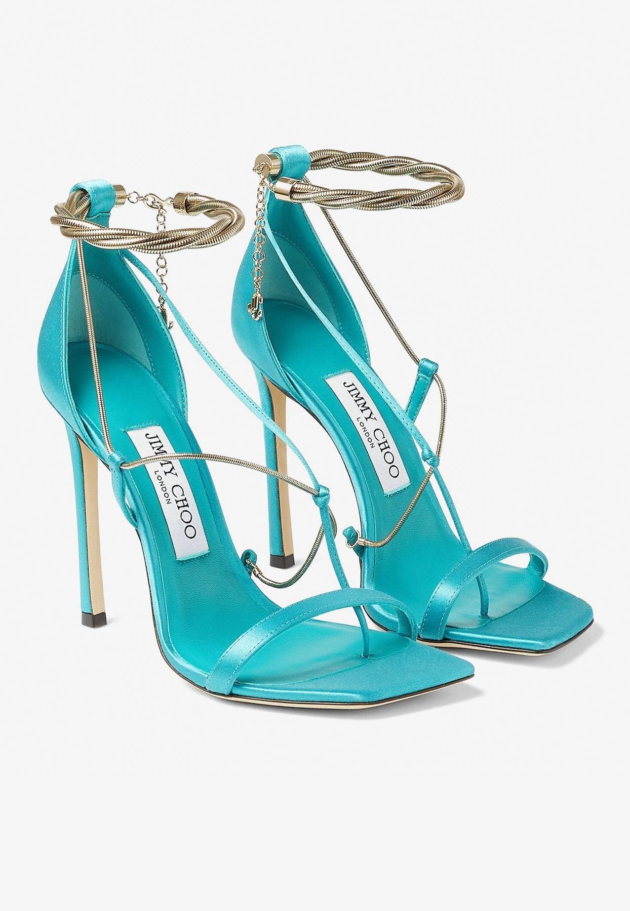 Jimmy Choo Oriana 110 Satin Sandals With Gold Chains in Blue | Lyst