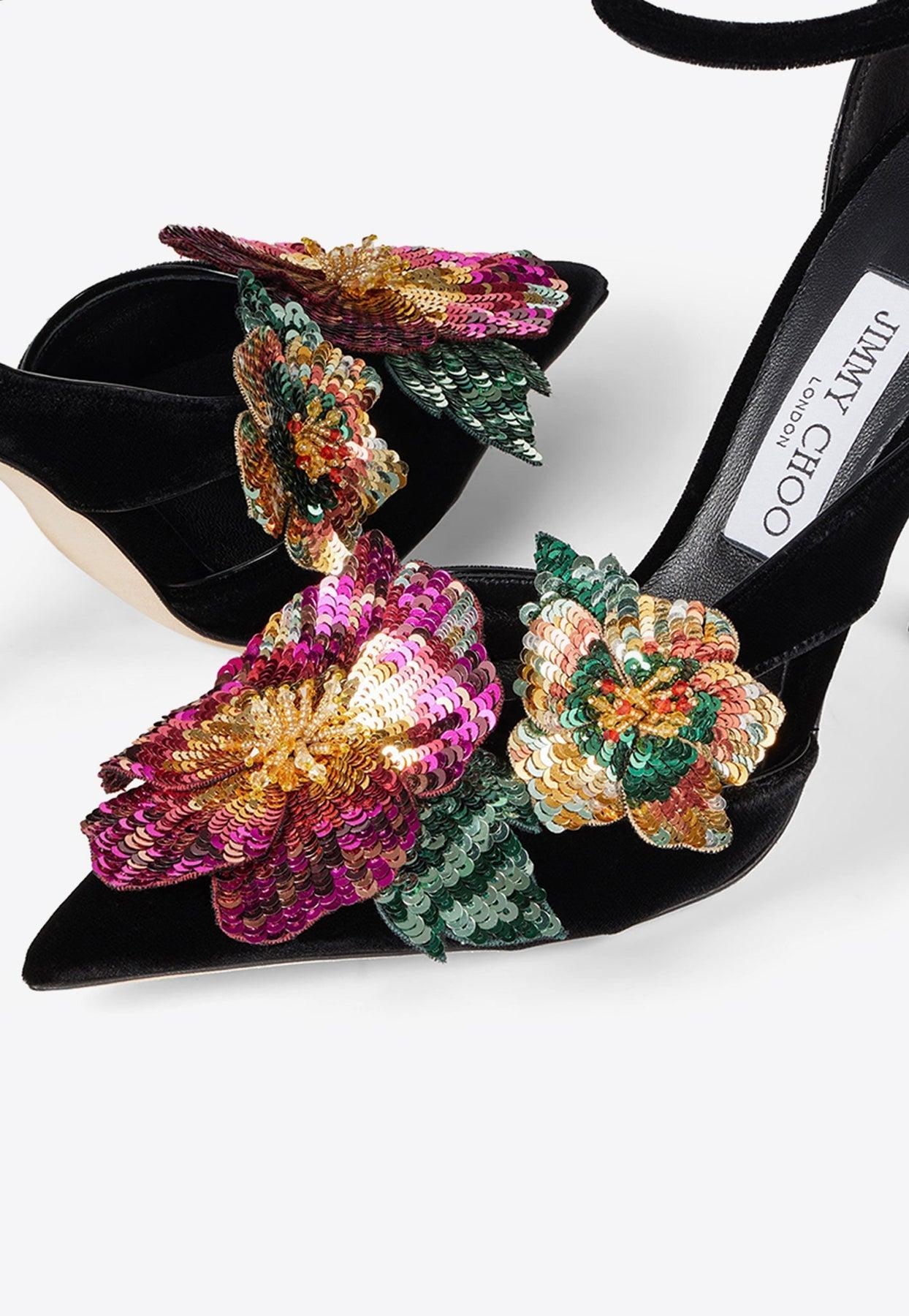 Jimmy Choo Azara 100 Floral-Applique Velvet Pumps in Black