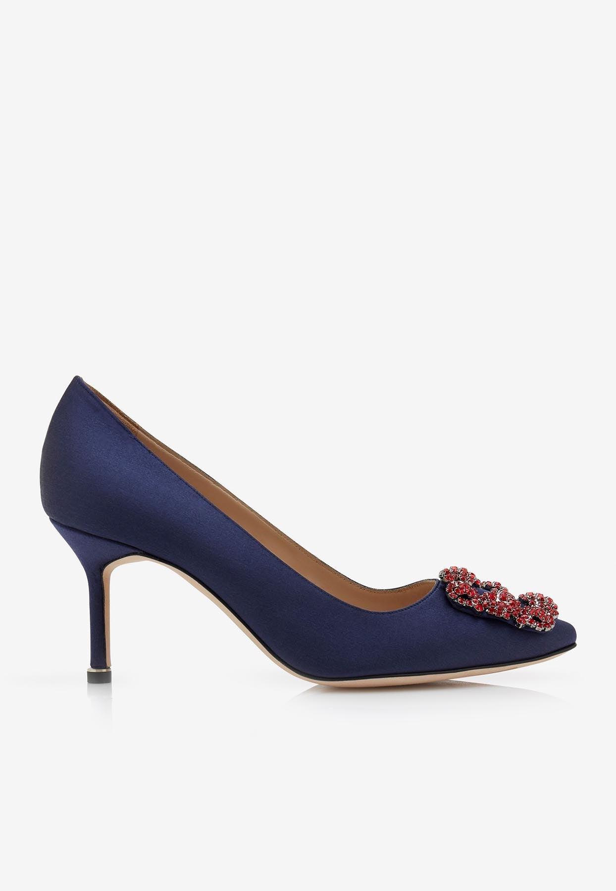 Manolo Blahnik Hangisi 70 Satin Pumps With Crystal Buckle in Blue | Lyst