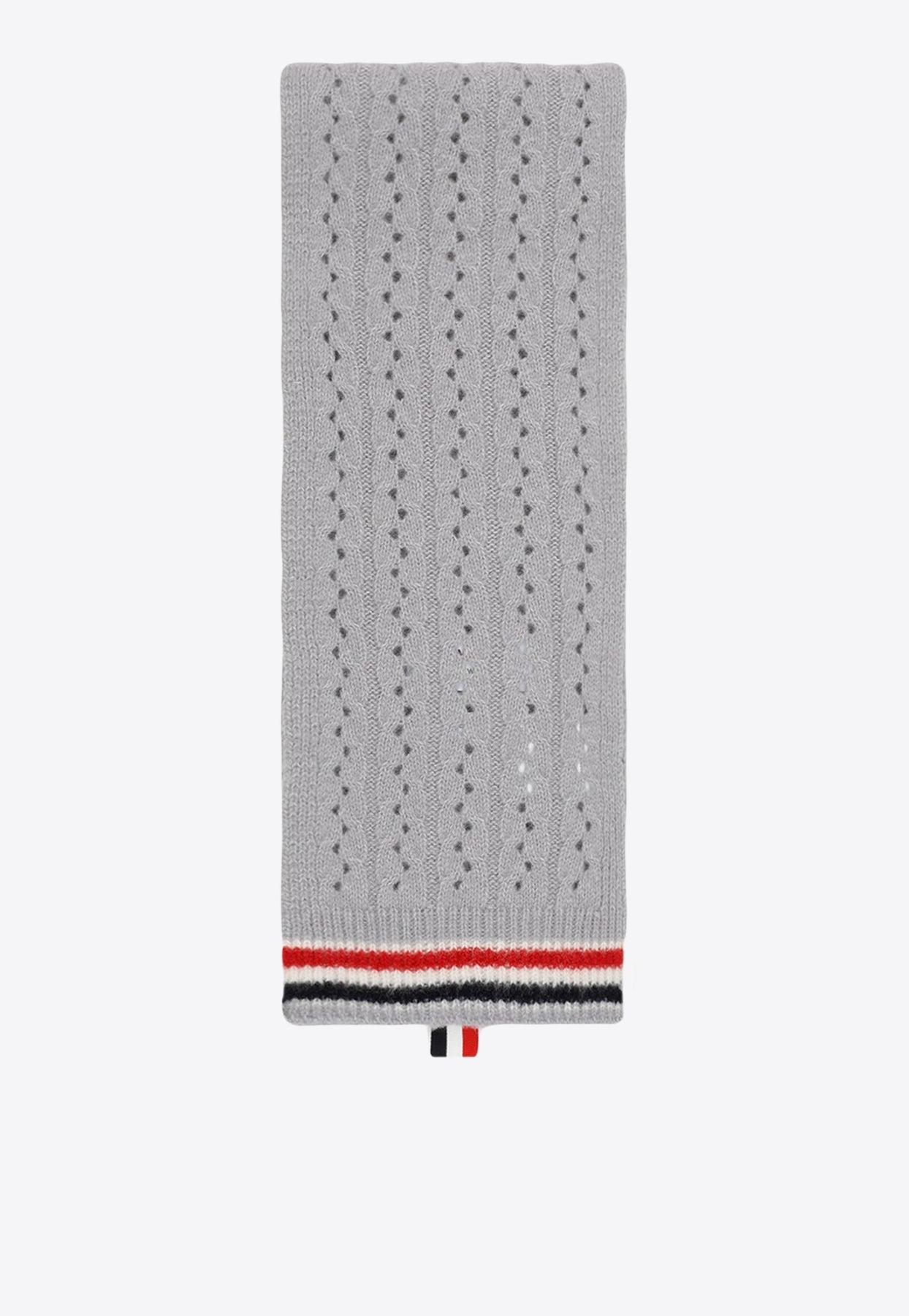 Thom Browne Cable Pointelle Knit Logo Scarf in Grey | Lyst UK