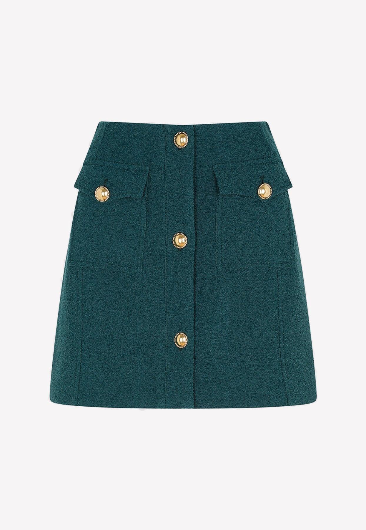 Alessandra Rich Tweed Boucle Mini Skirt With Buttons in Green | Lyst