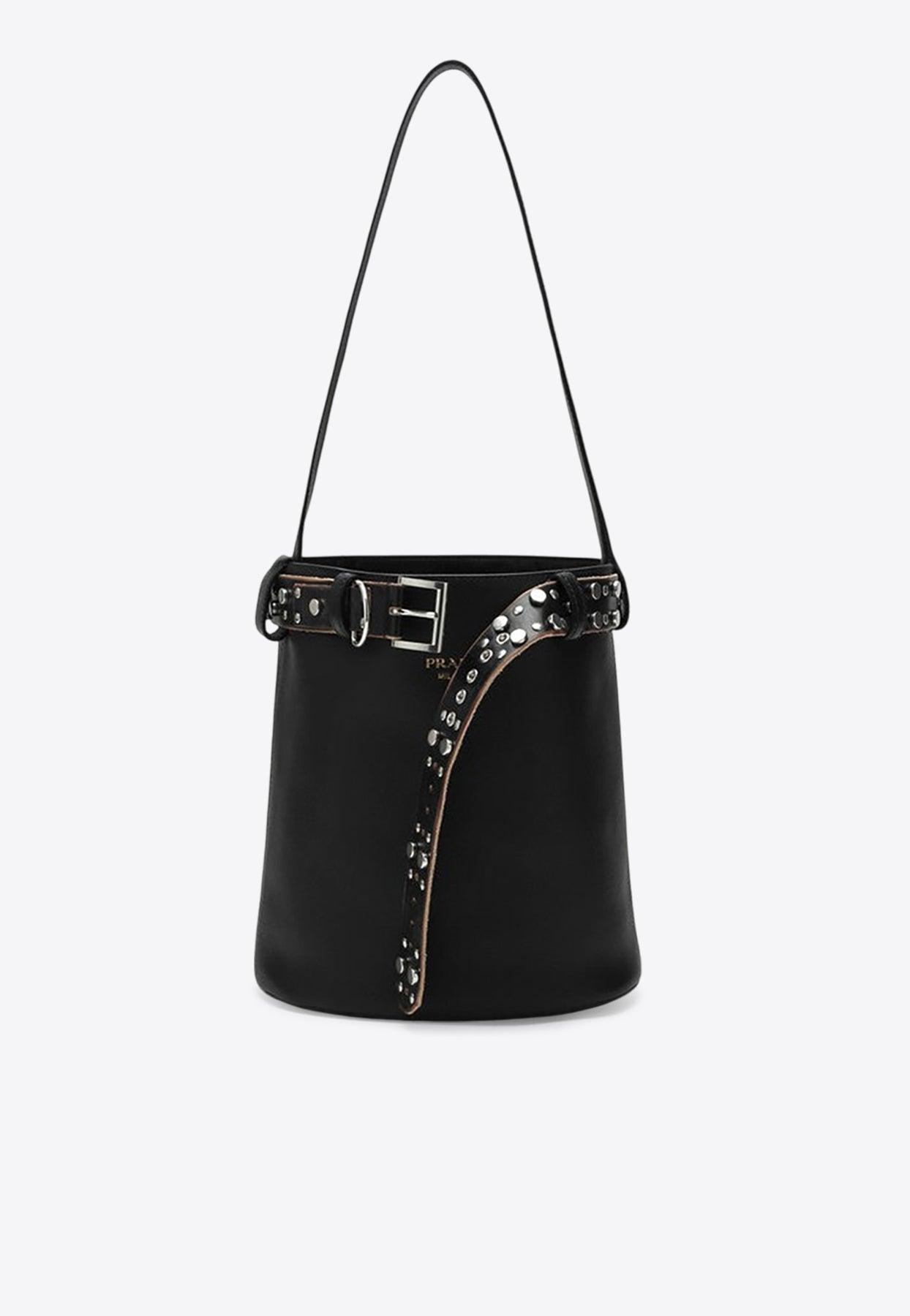 ショルダーバッグ・ポシェット PRADA BUCKET BAG BUCKLE BLACK WITH STUDDED BELT Black Prada Buckle Leather Bucket Bag With Studded Belt | PRADA