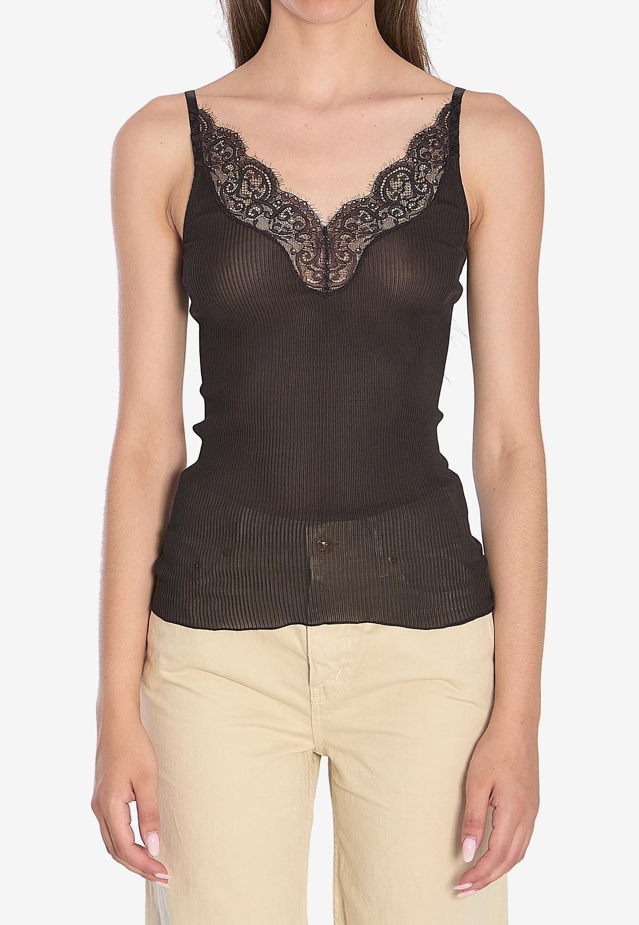 Tシャツ・カットソー SAINT LAURENT SILK JERSEY SLEEVELESS TOP Neutral Lace-trimmed ribbed silk-jersey tank top | SAINT