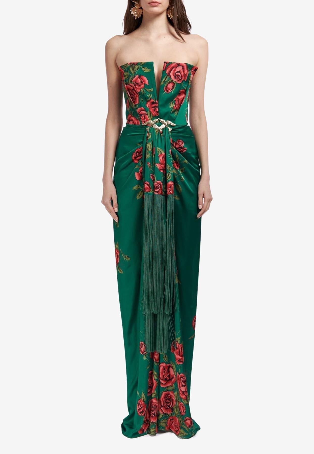 RAISA & VANESSA Strapless Maxi Dress With Fringes in Green | Lyst