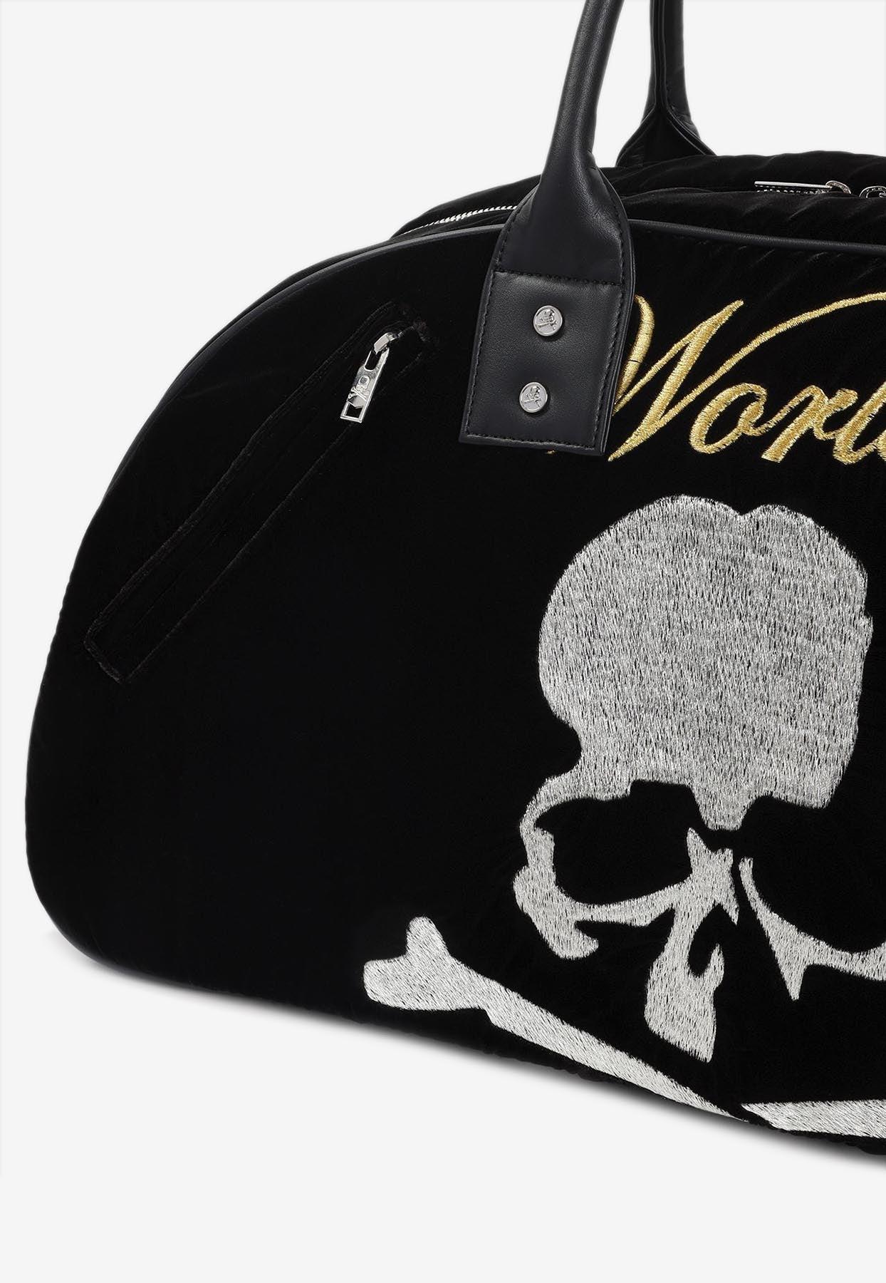Mastermind Japan Skull Embroidered Velvet Duffle Bag in Black for