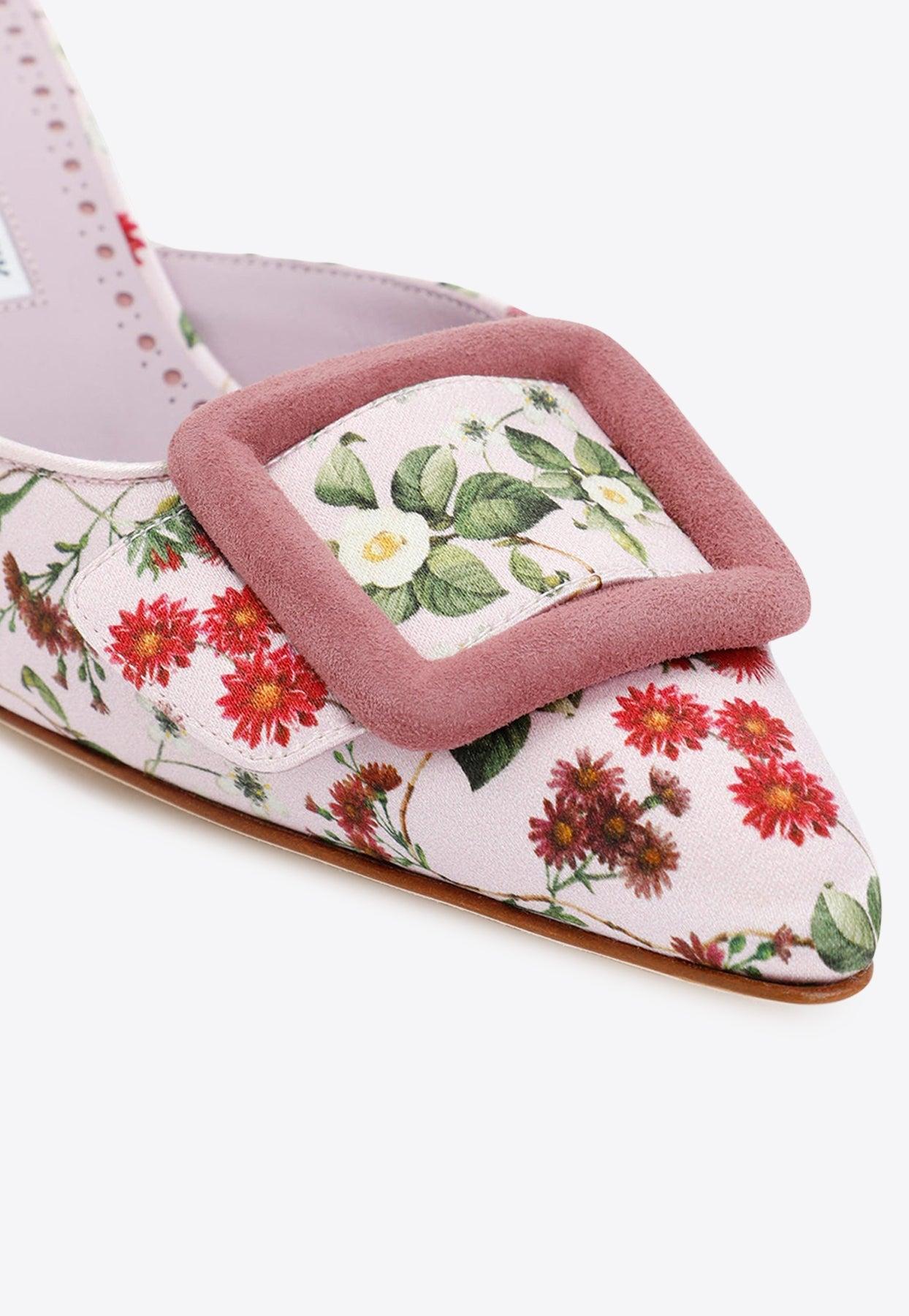 【MANOLO BLAHNIK】suede-trimmed floral-print cotton mules Manolo Blahnik Suede Floral Print Maysale Buckle Pointed Toe