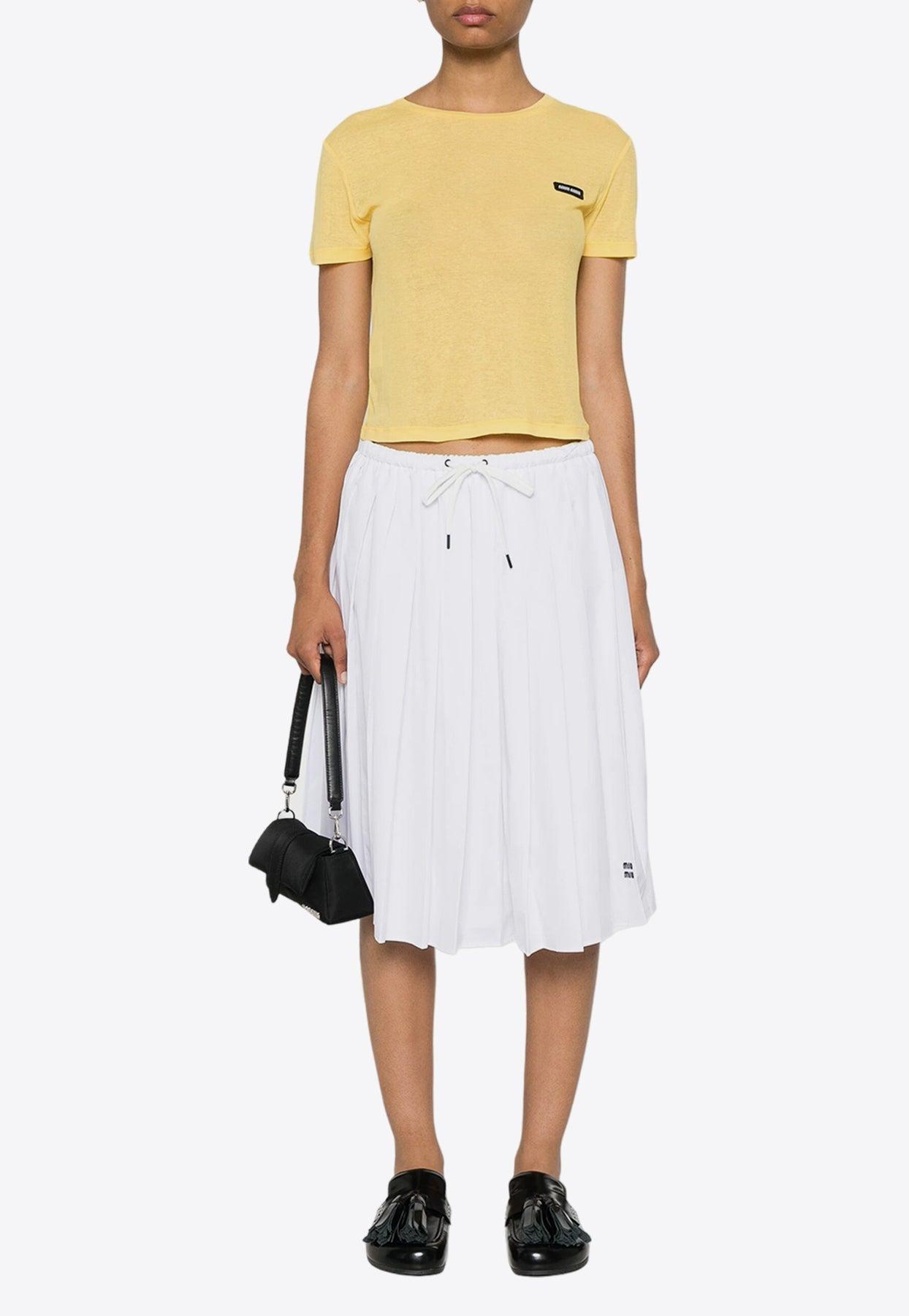 【MIUMIU】お洒落☆lady's ロゴ シアー 半袖シャツ yellow Miu Miu Logo Patch Sheer Cropped T-Shirt in Yellow | Lyst