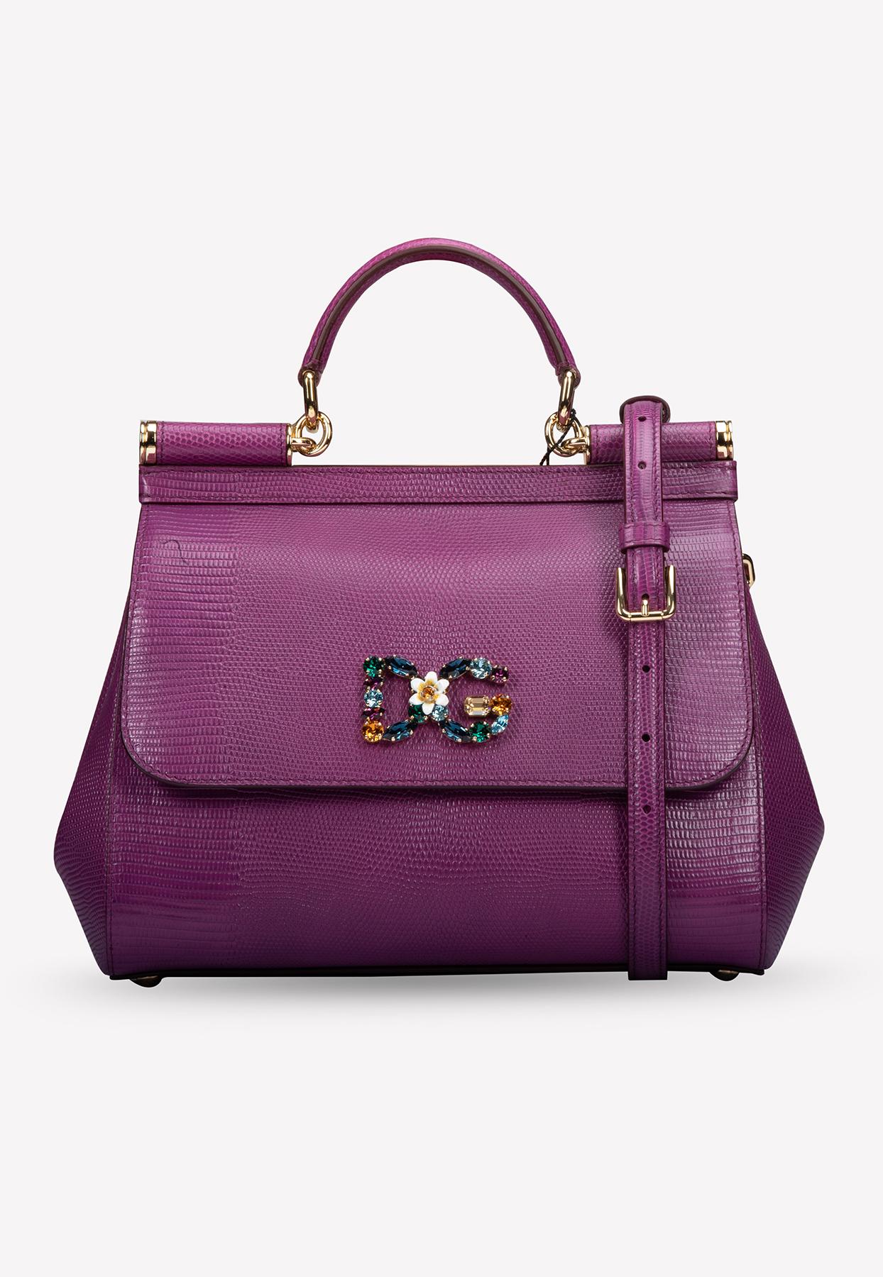 Dolce & Gabbana Small Sicily Handbag In Iguana Print Calfskin With Dg Logo  Crystals - Pink