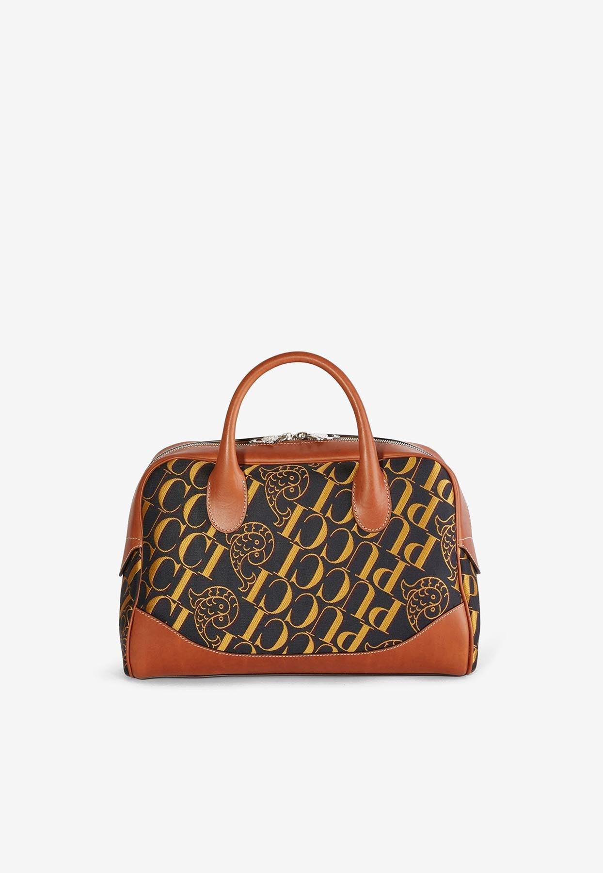 Emilio Pucci Logo Jacquard Bowling Top Handle Bag in Brown