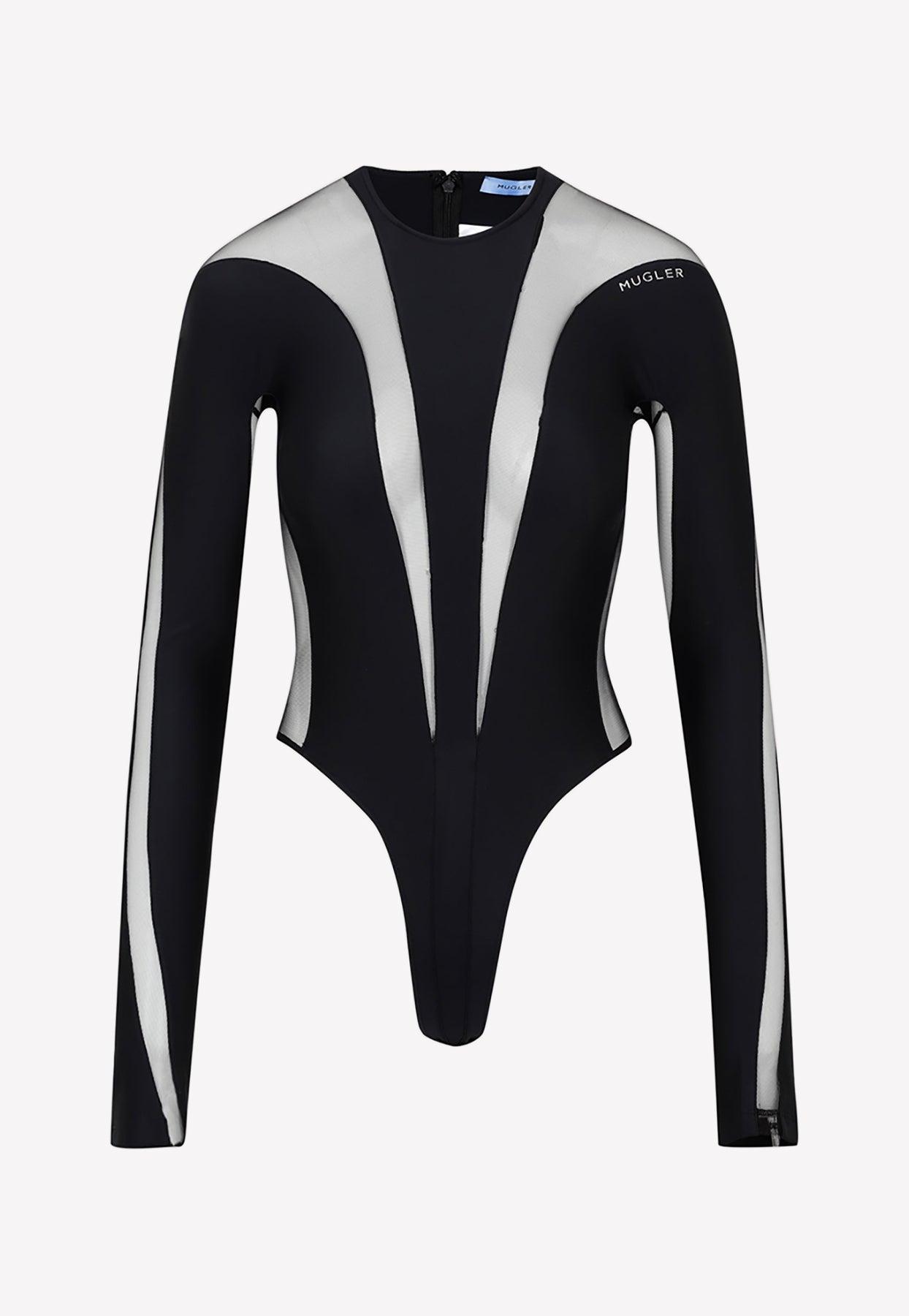 Mugler Synthetic Sheer-panels Long-sleeved Bodysuit in Black | Lyst
