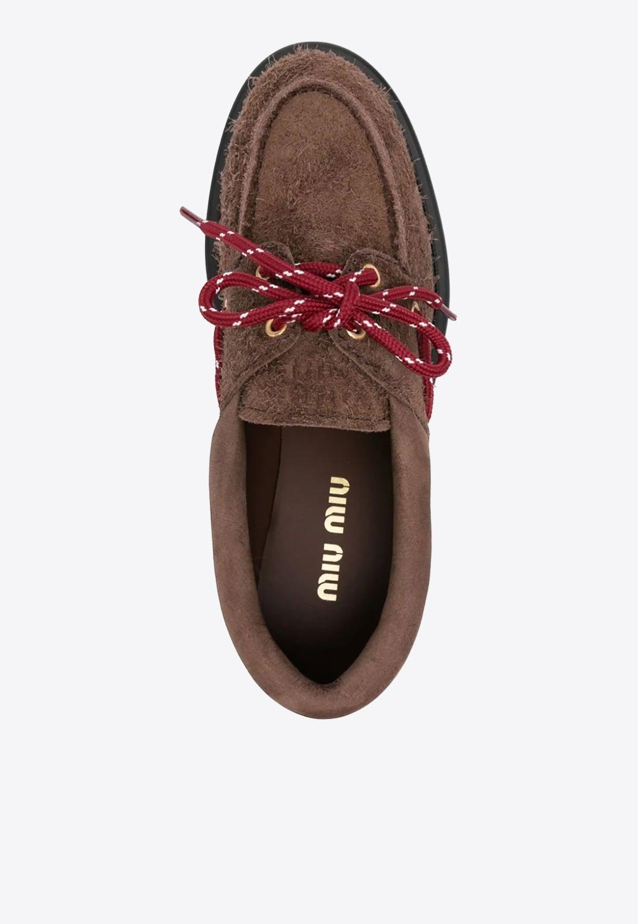 Miu Miu Brown Suede Lace-Front Mule Loafers Miu Miu taking fall to another level ? Luxe shearling for  main image 2