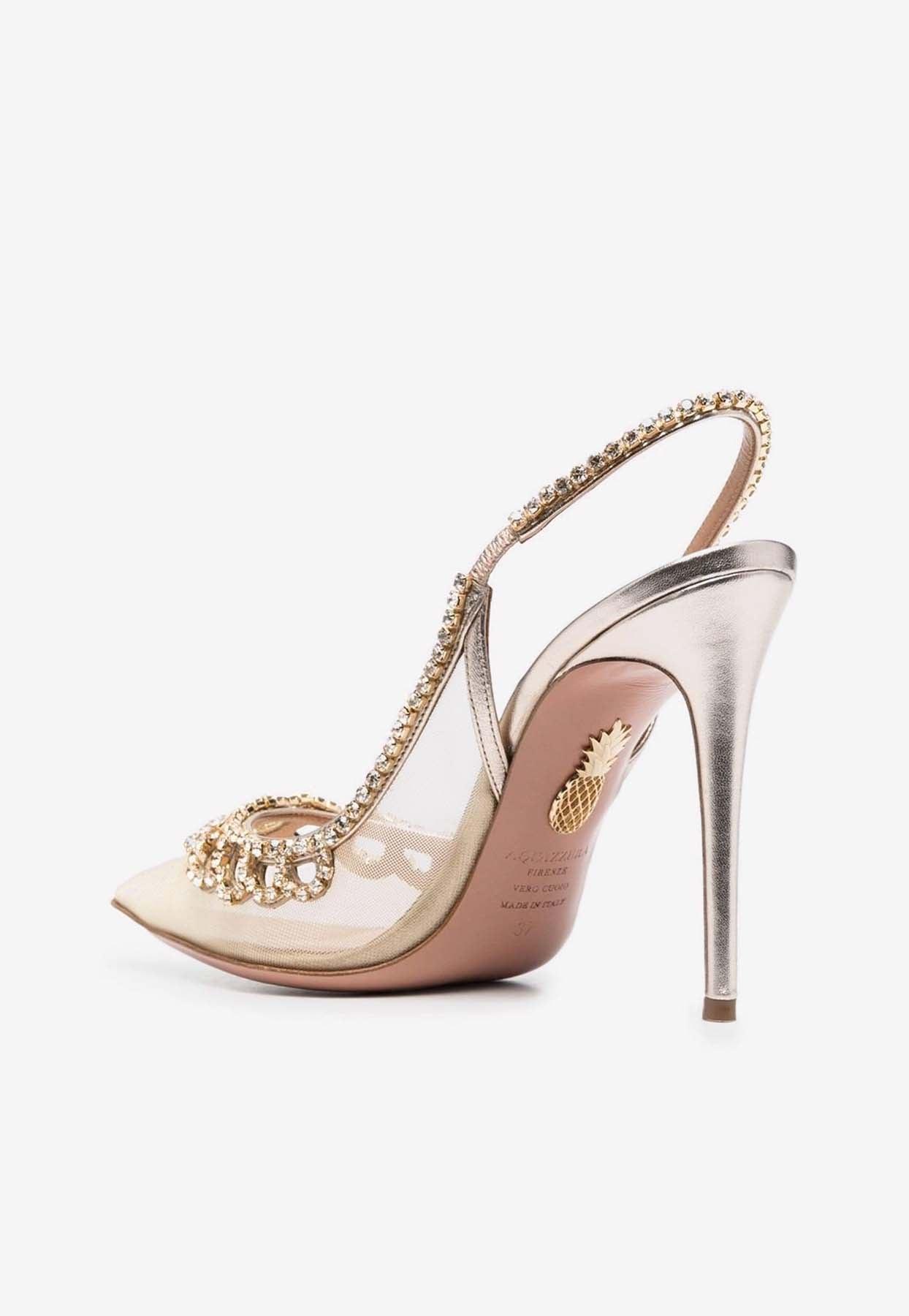 Aquazzura Tiara 105 Slingback Crystal Embellished Mesh Pumps in