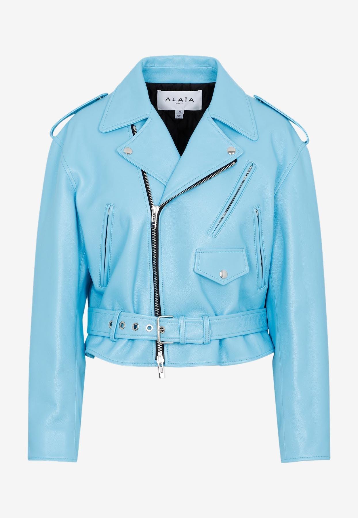 Alaïa Biker Leather Jacket in Blue | Lyst