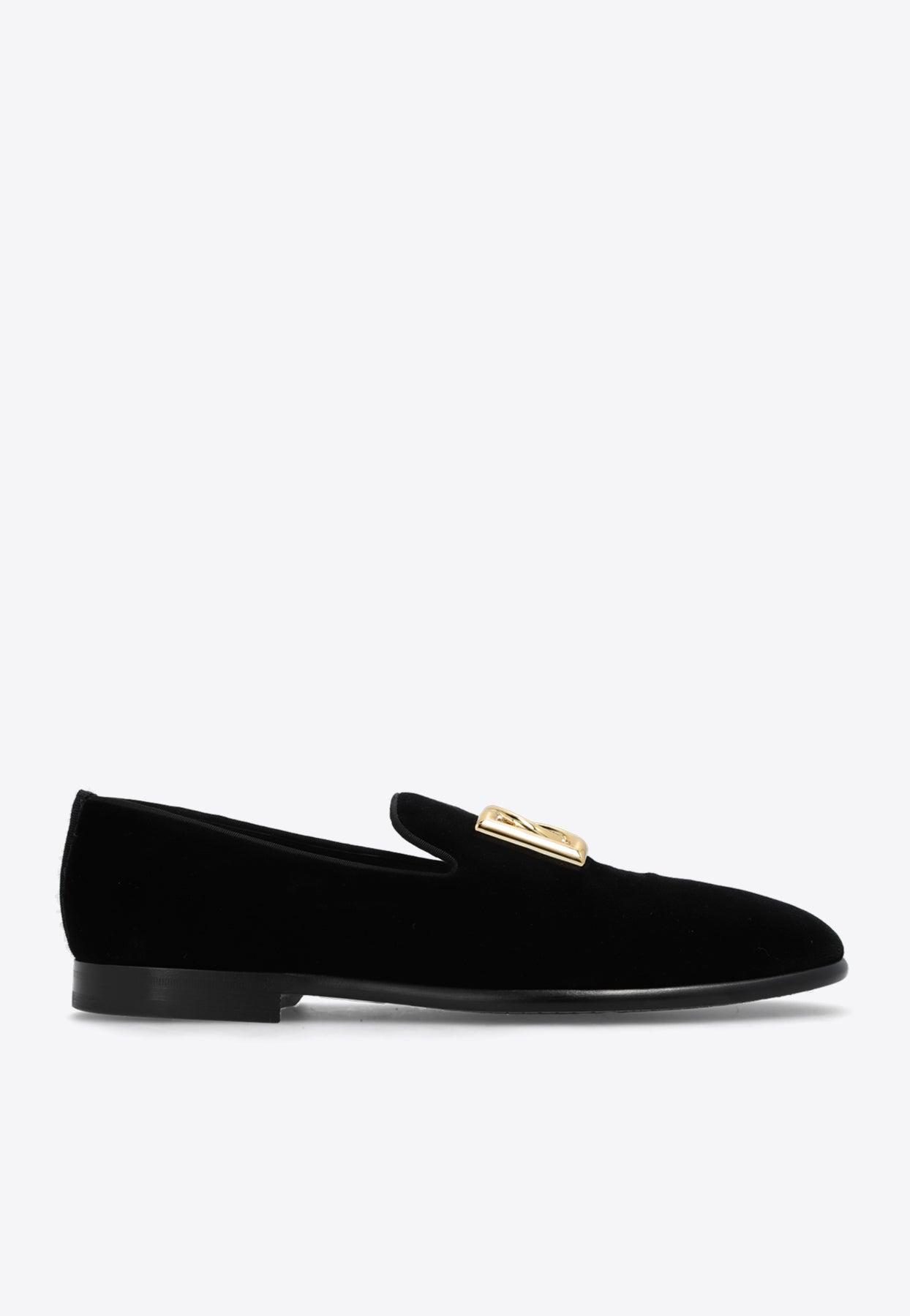Dolce & Gabbana Black Leather DG Plaque Loafers Dress Shoes
