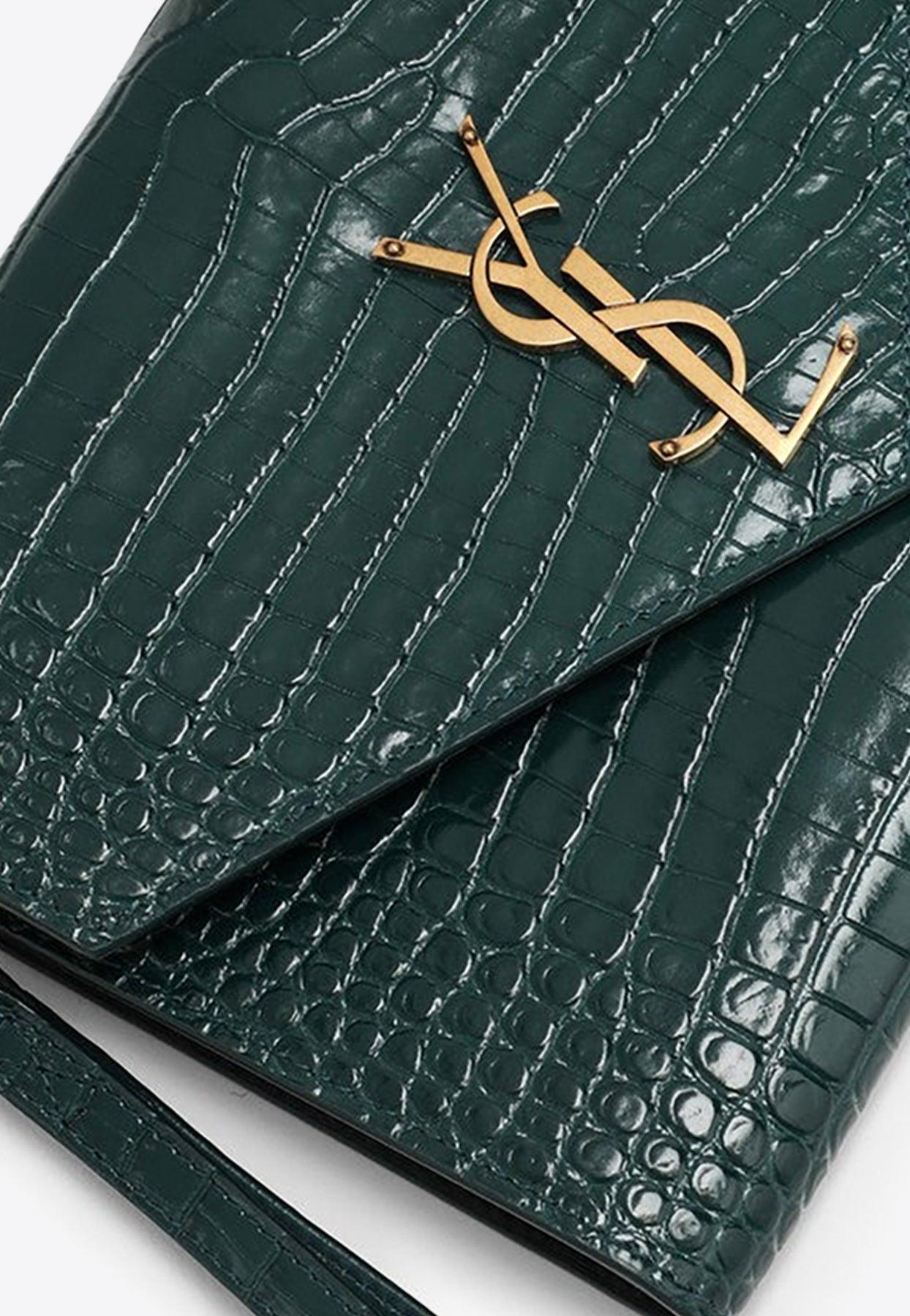Saint Laurent Cassandre Envelope Pouch Bag In Croc-embossed Leather in  Green