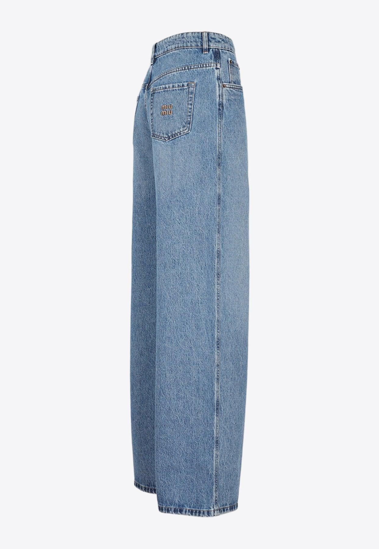デニム・ジーパン MiuMiu Logo embroidery jeans Miu Miu Logo-Embroidered Wide-Leg Jeans - Blue | Editorialist