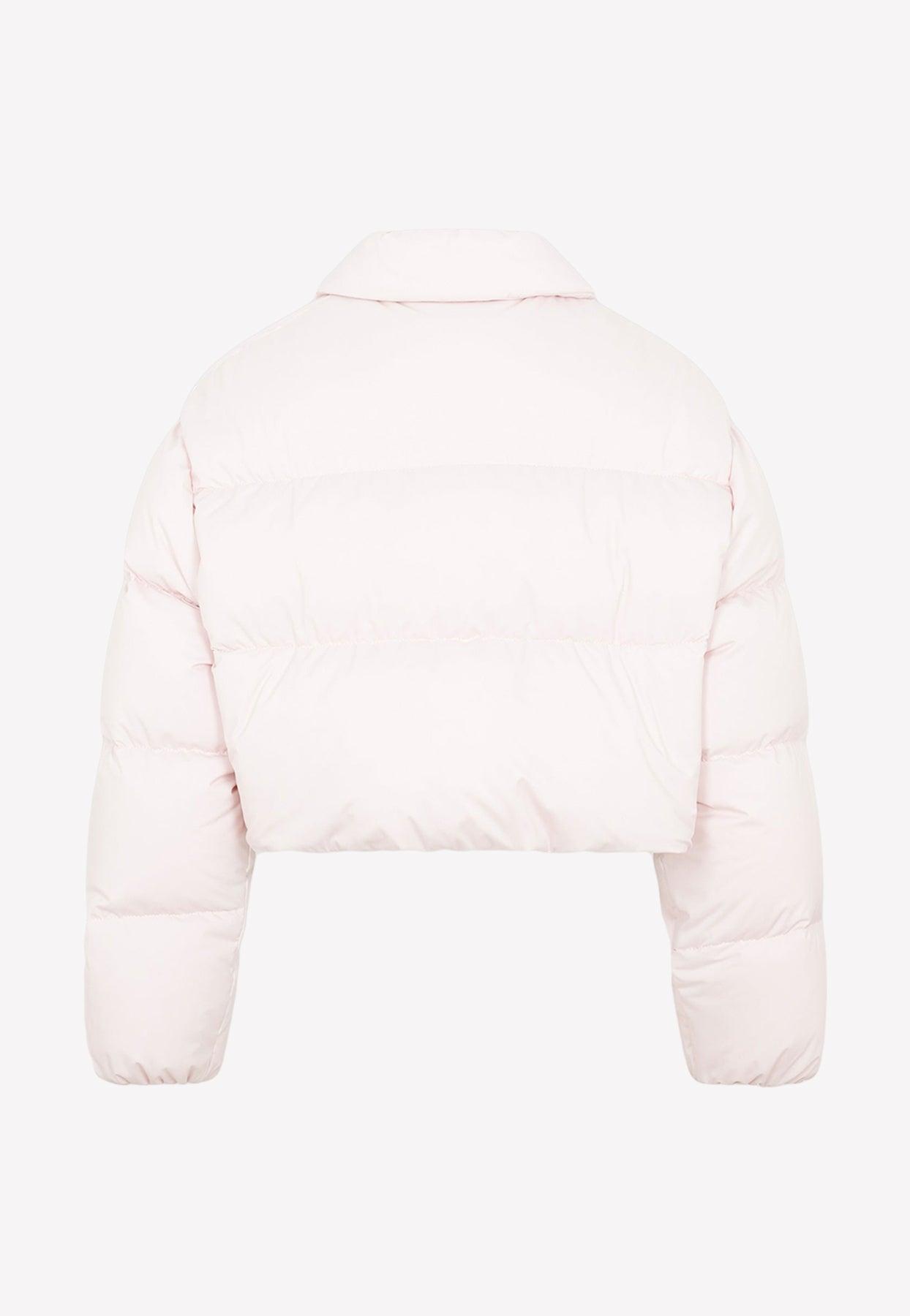 Miu Miu Cropped Down Jacket With Logo in Pink | Lyst