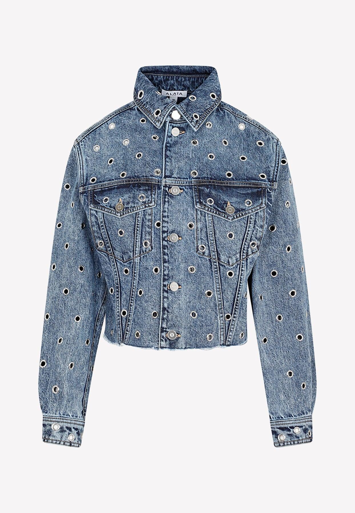 Alaïa Eyelets Embellished Denim Jacket in Blue | Lyst
