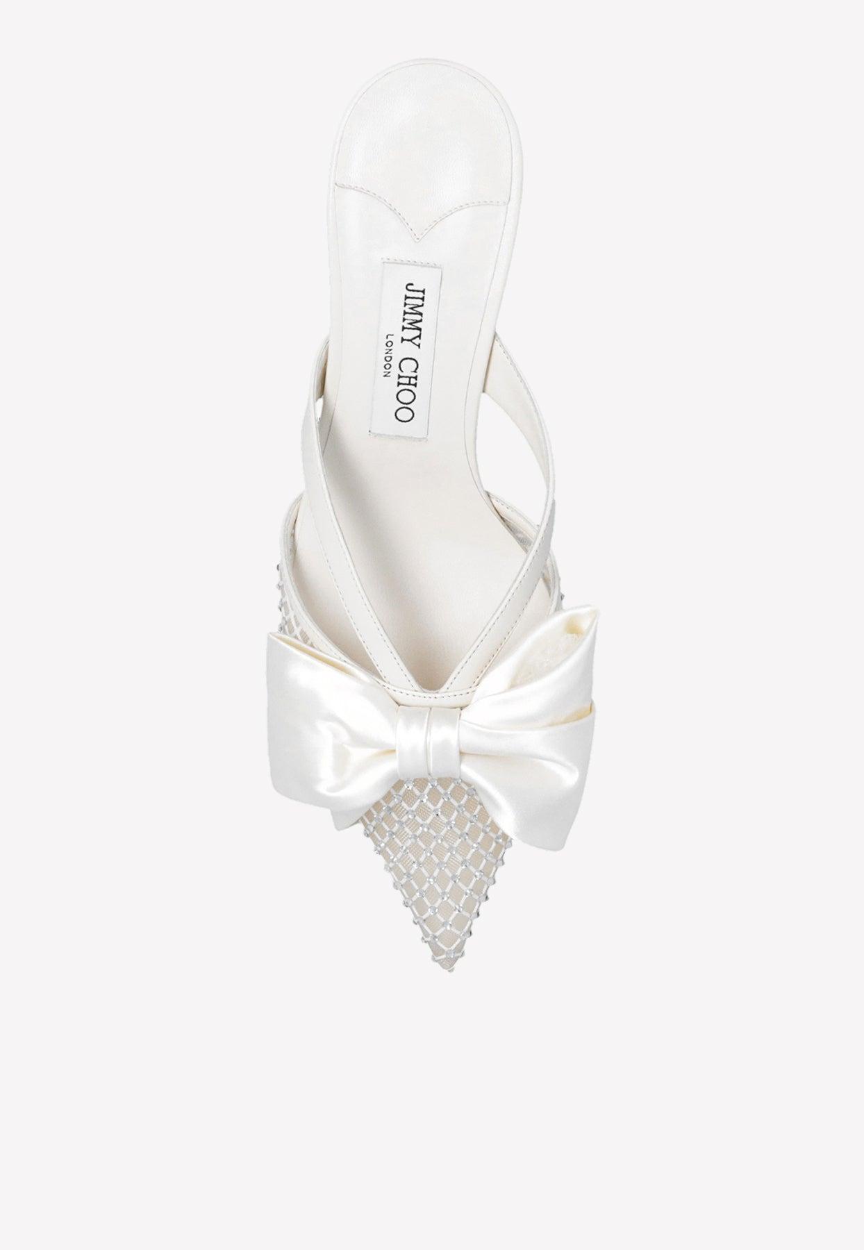 クリスタル★Jimmy Choo FLACA 50 大リボン ミュール ブラック Jimmy Choo Flaca 50 Crystal Mesh Mules With Satin Bows in
